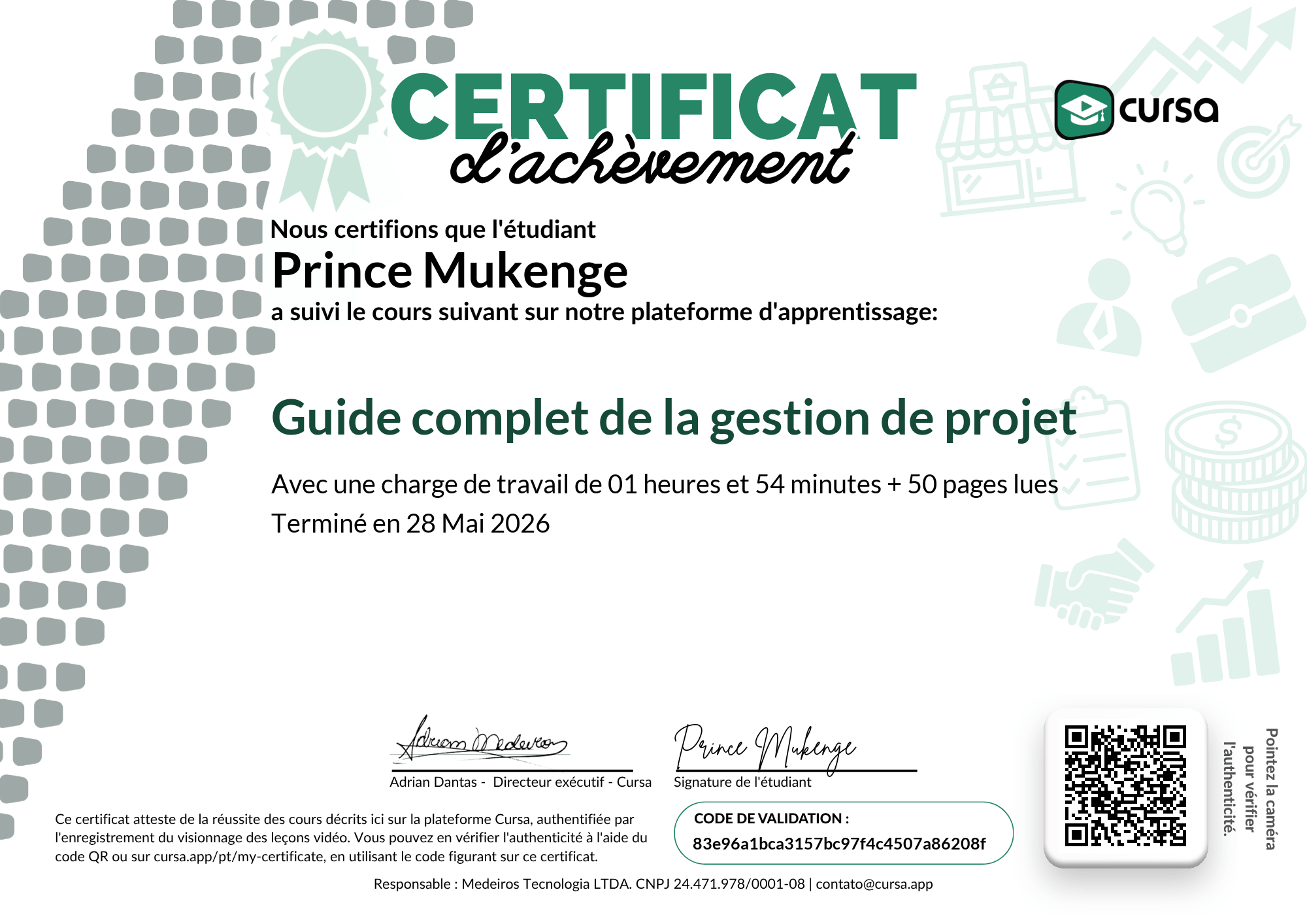 Image de mon certificat de fin de cours gratuit.