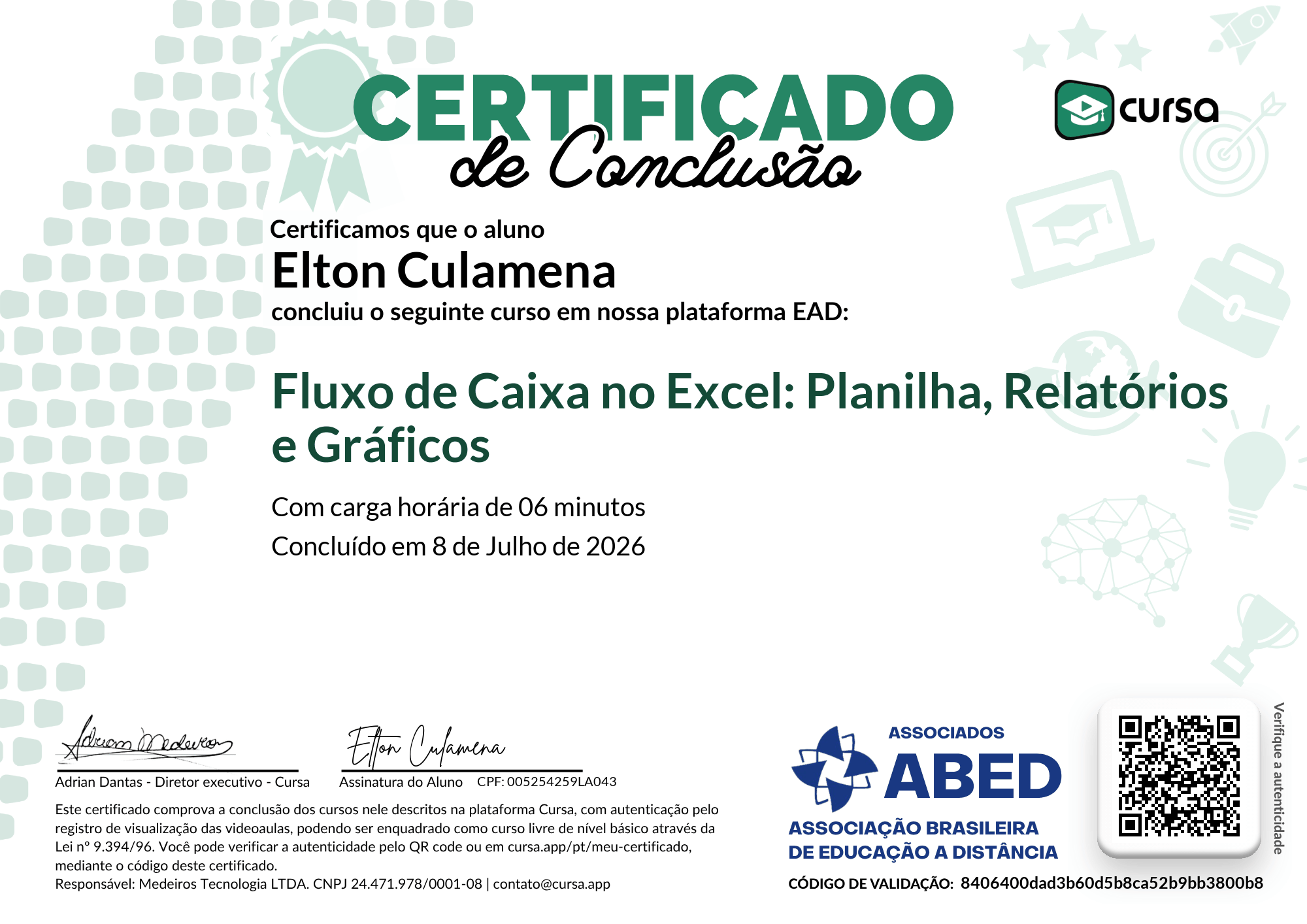 Imagem do meu Certificado gratuito de conclusão de curso.