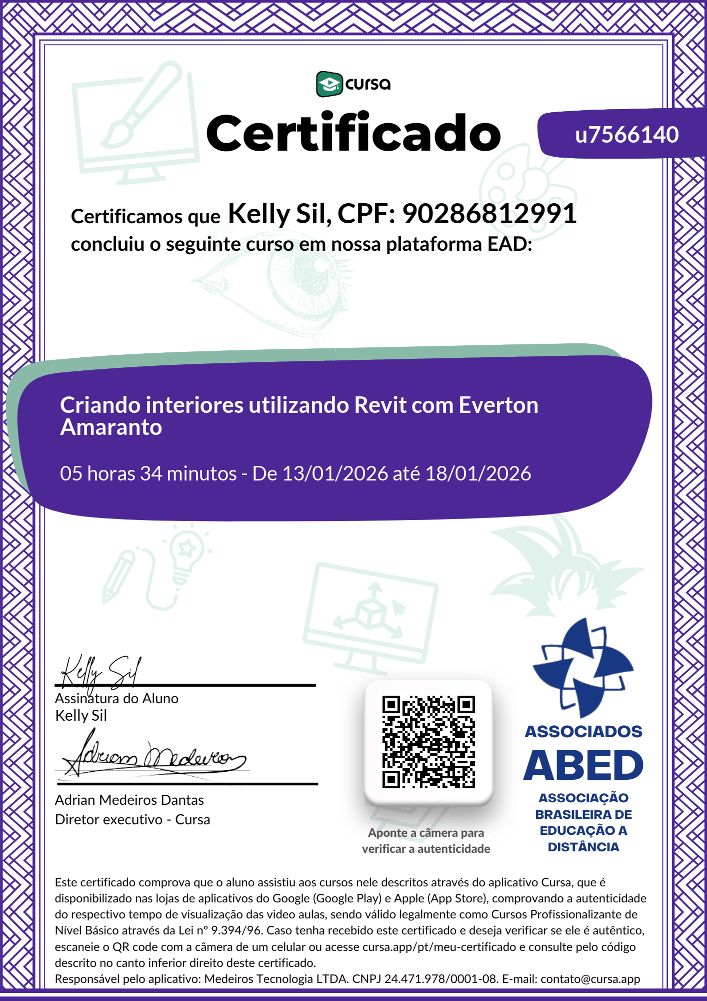 Imagem do meu Certificado gratuito de conclusão de curso.