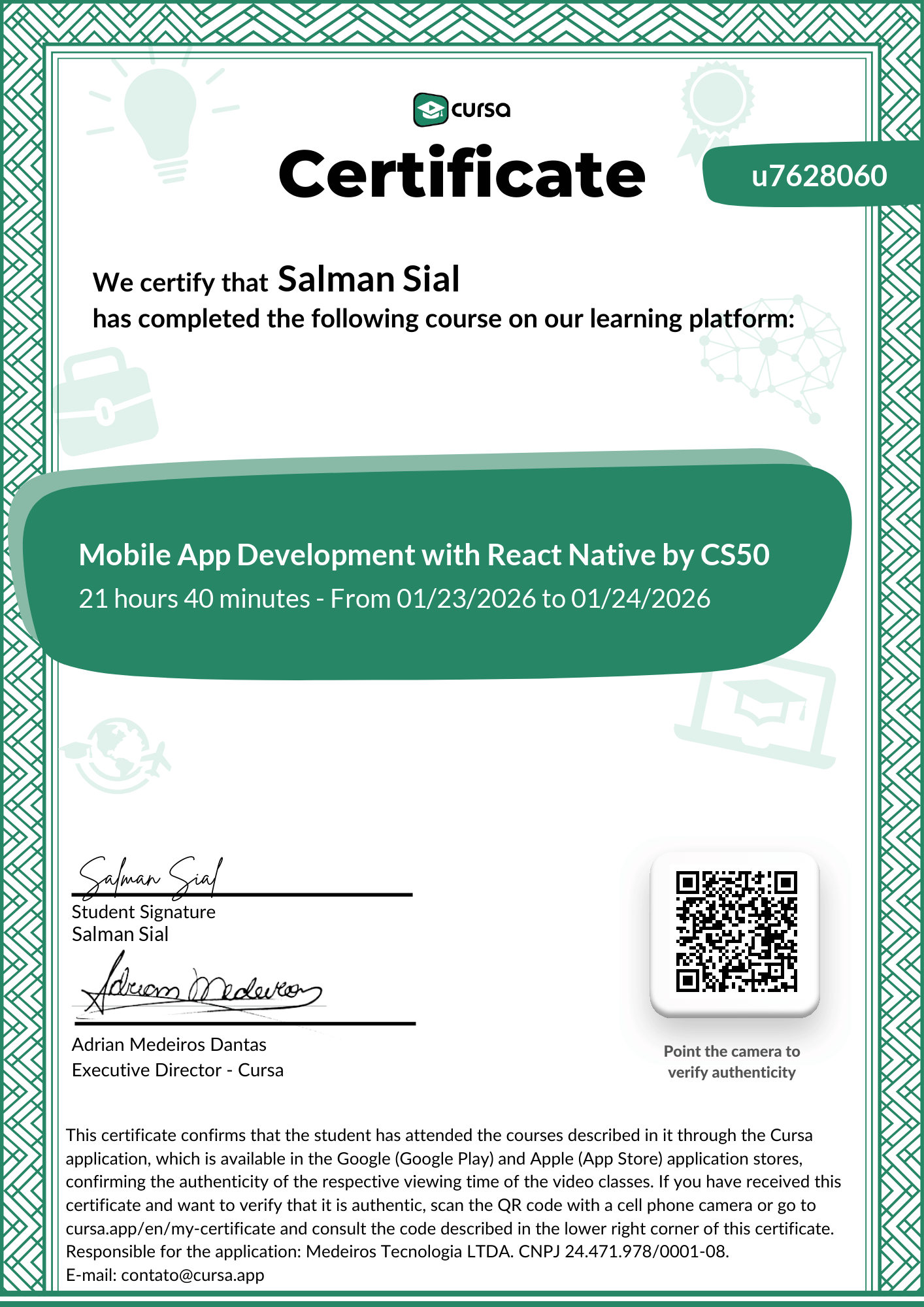 Image of my free Course Completion Certificate.