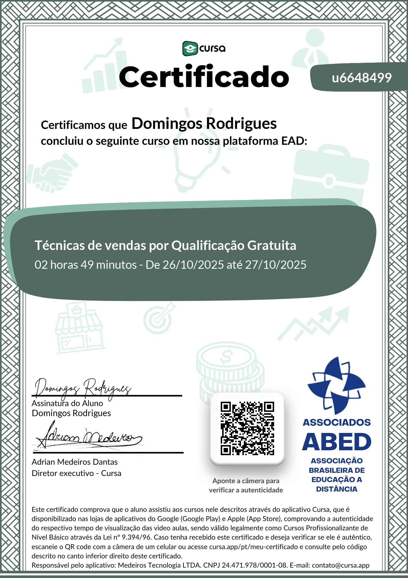 Imagem do meu Certificado gratuito de conclusão de curso.