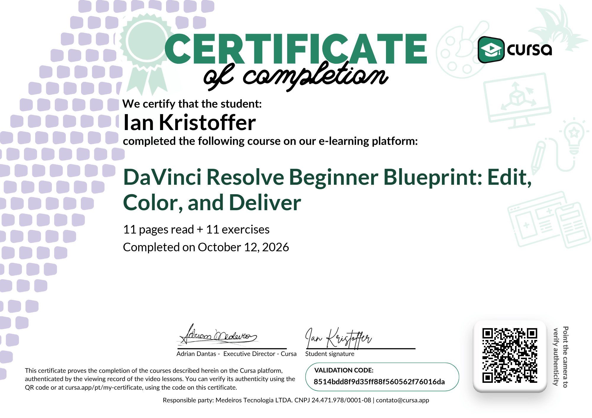 Image of my free Course Completion Certificate.