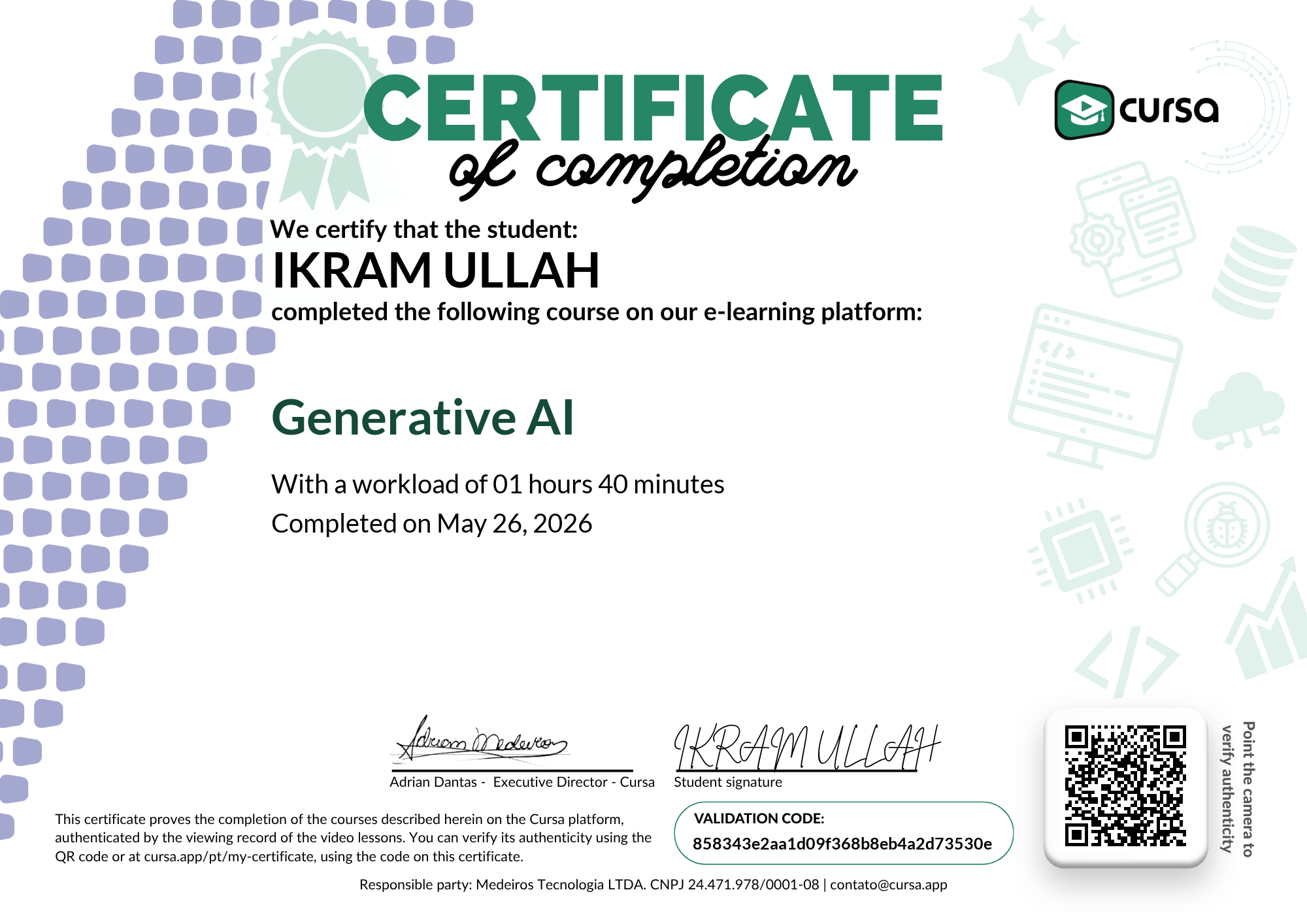 Image of my free Course Completion Certificate.
