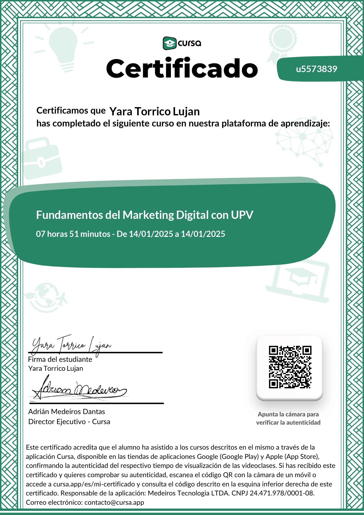 Imagen de mi Certificado de finalización del curso gratuito.