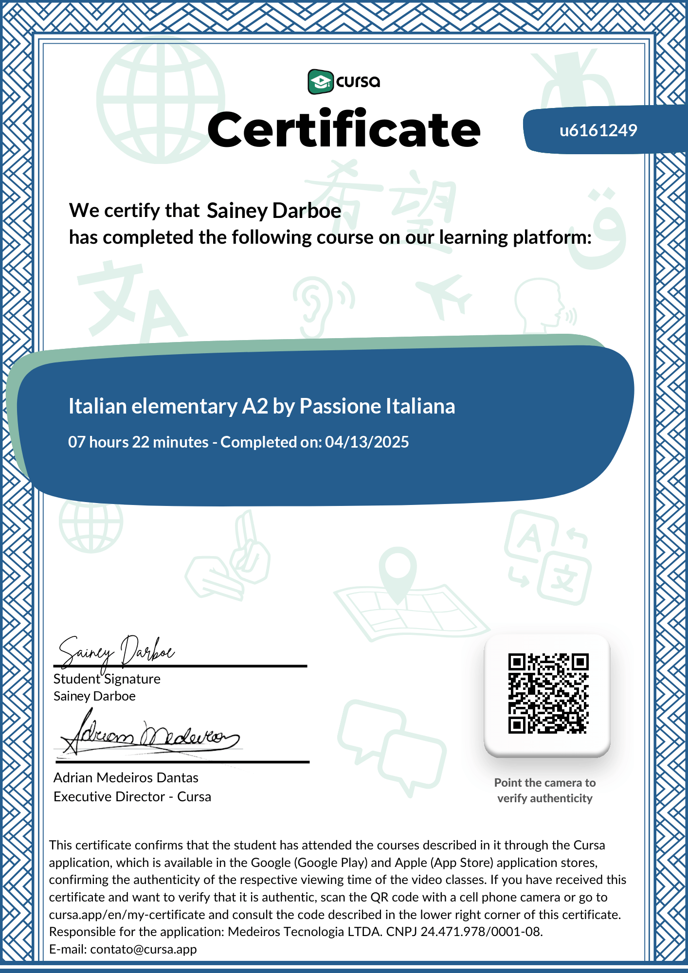 Image of my free Course Completion Certificate.