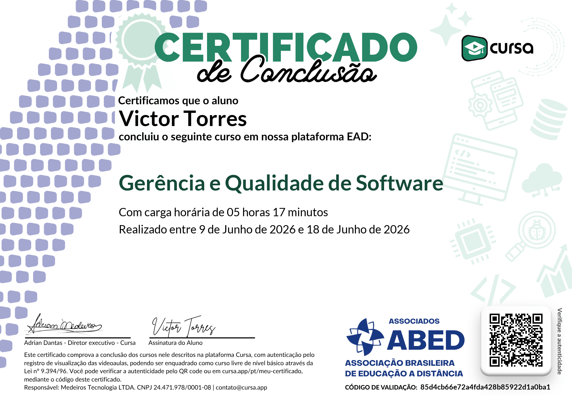 Imagem do meu Certificado gratuito de conclusão de curso.