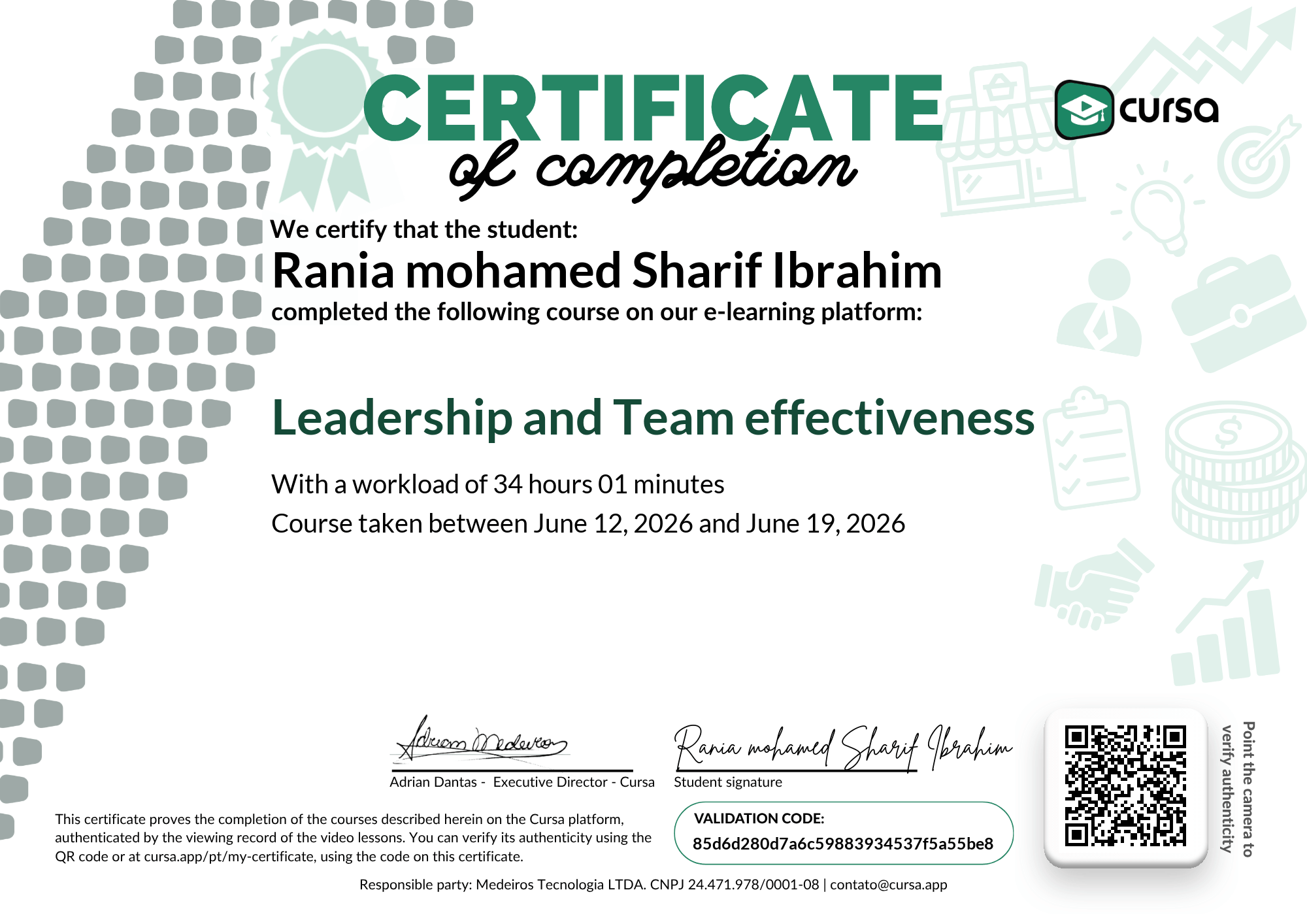 Image of my free Course Completion Certificate.