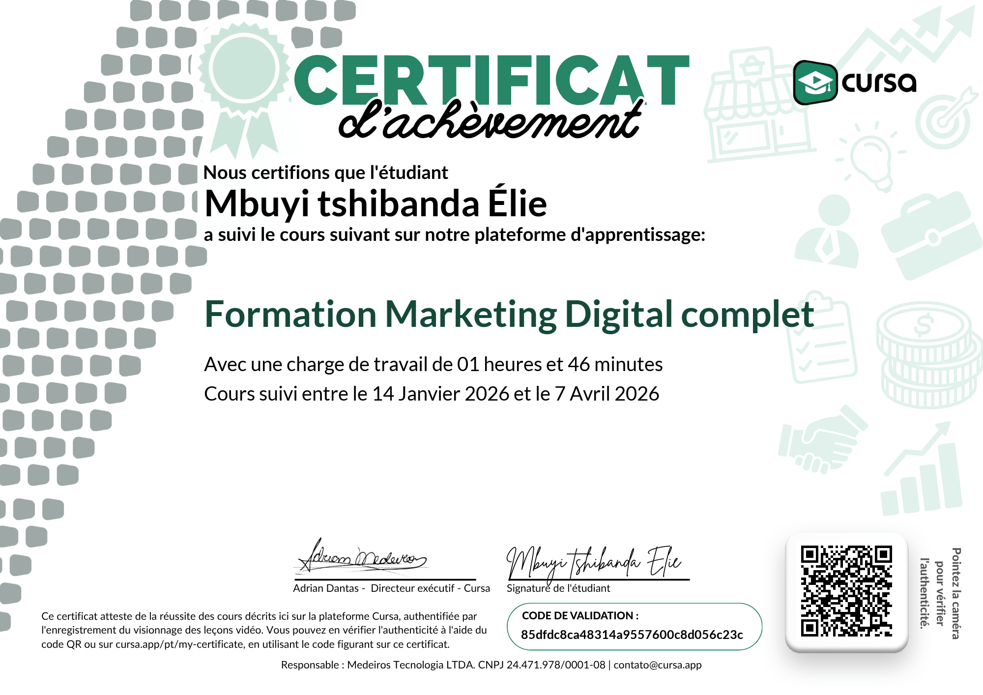 Image de mon certificat de fin de cours gratuit.