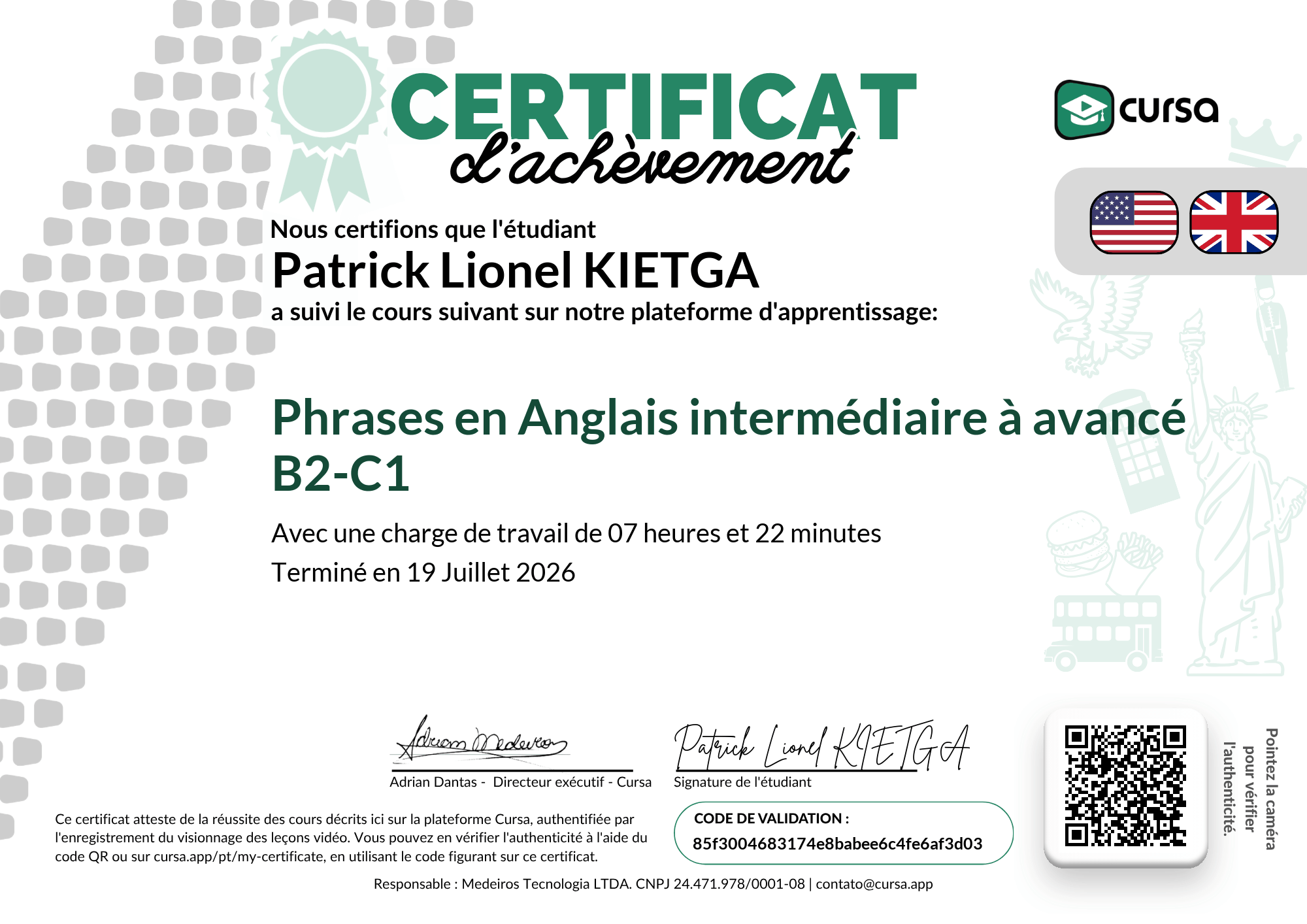 Image de mon certificat de fin de cours gratuit.