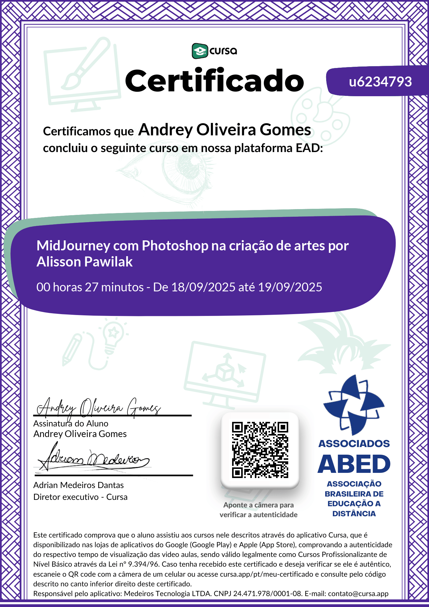 Imagem do meu Certificado gratuito de conclusão de curso.