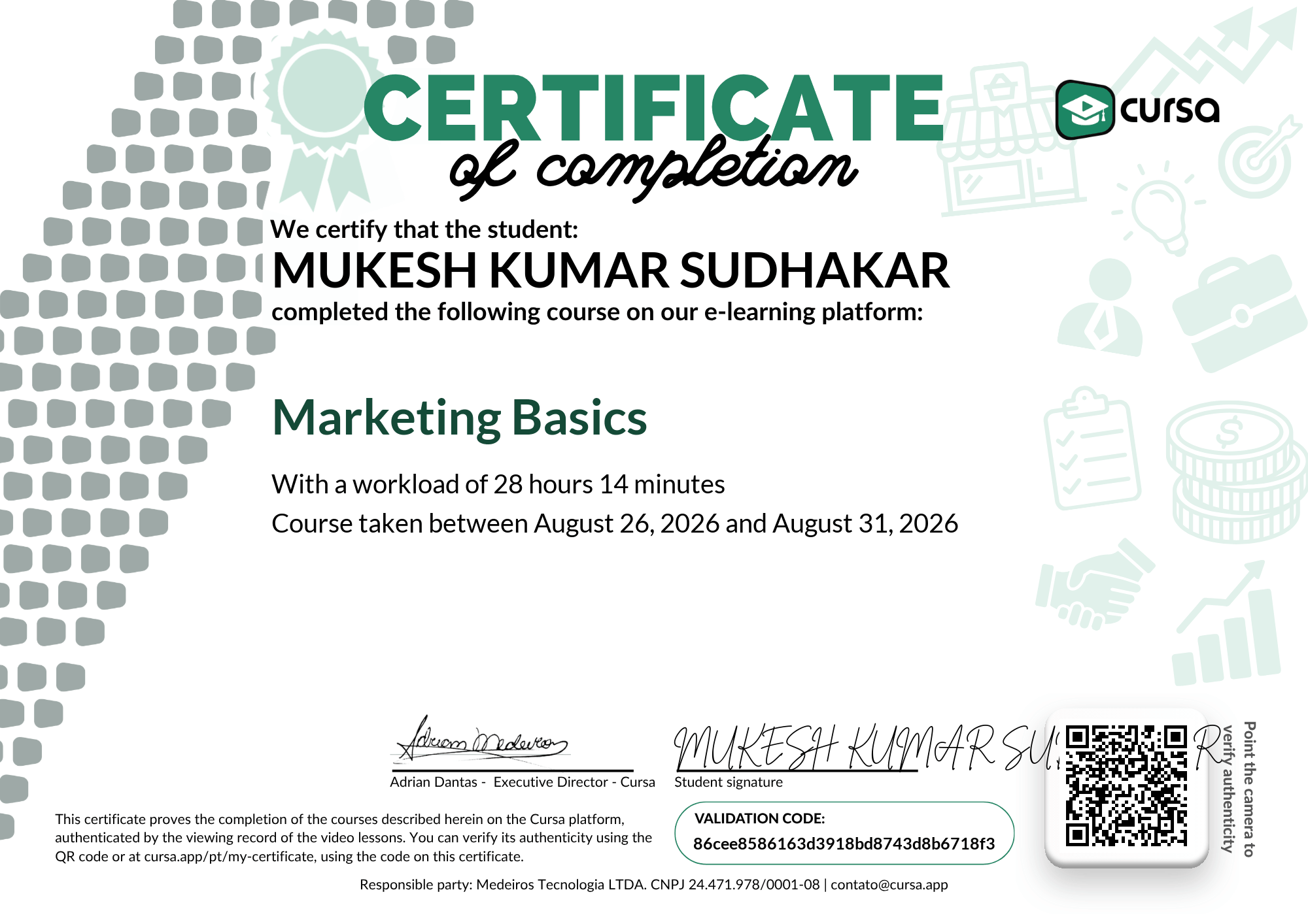 Image of my free Course Completion Certificate.