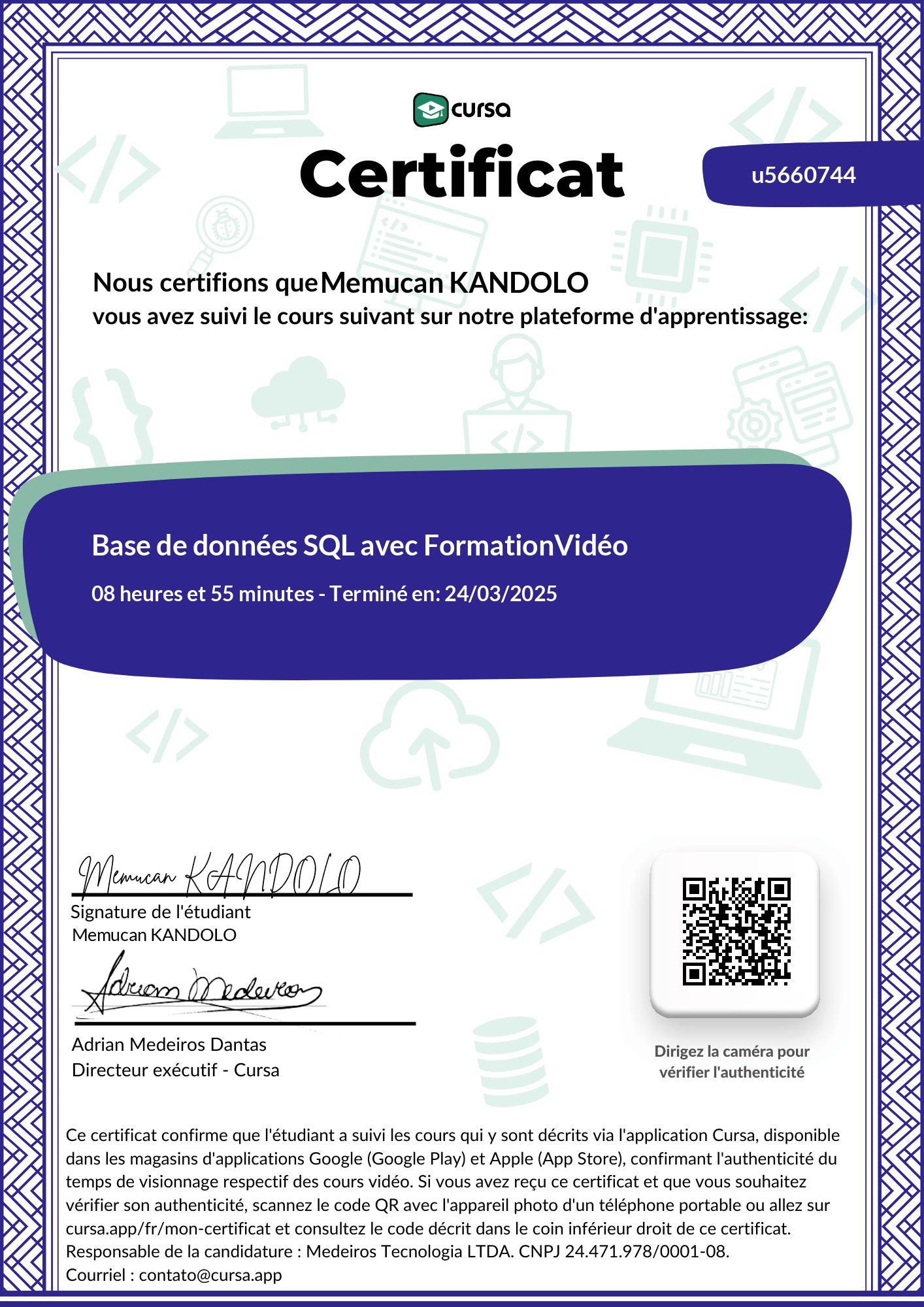 Image de mon certificat de fin de cours gratuit.
