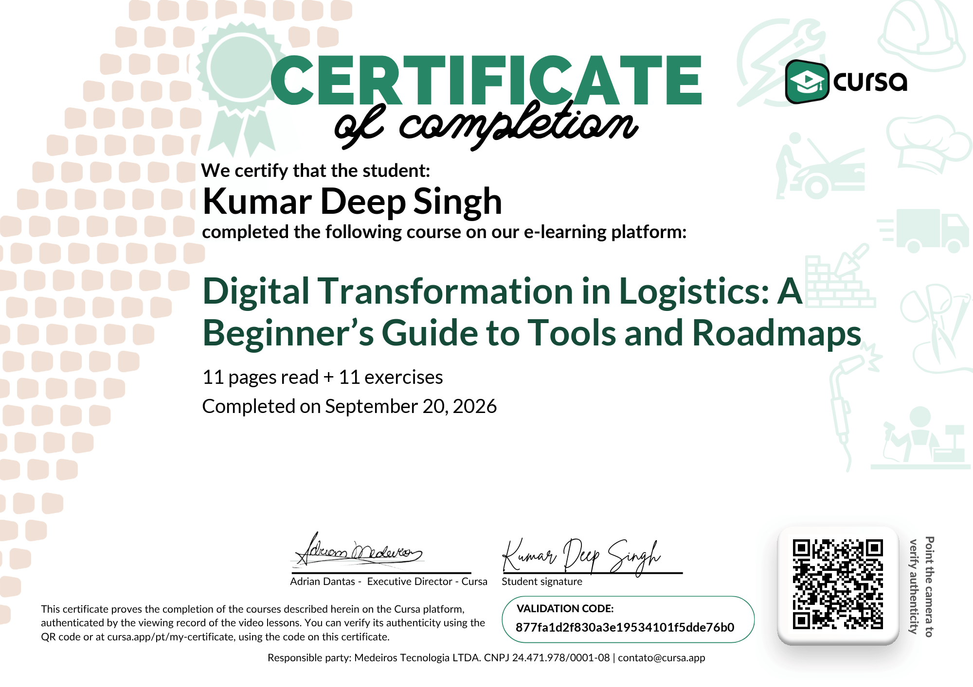 Image of my free Course Completion Certificate.