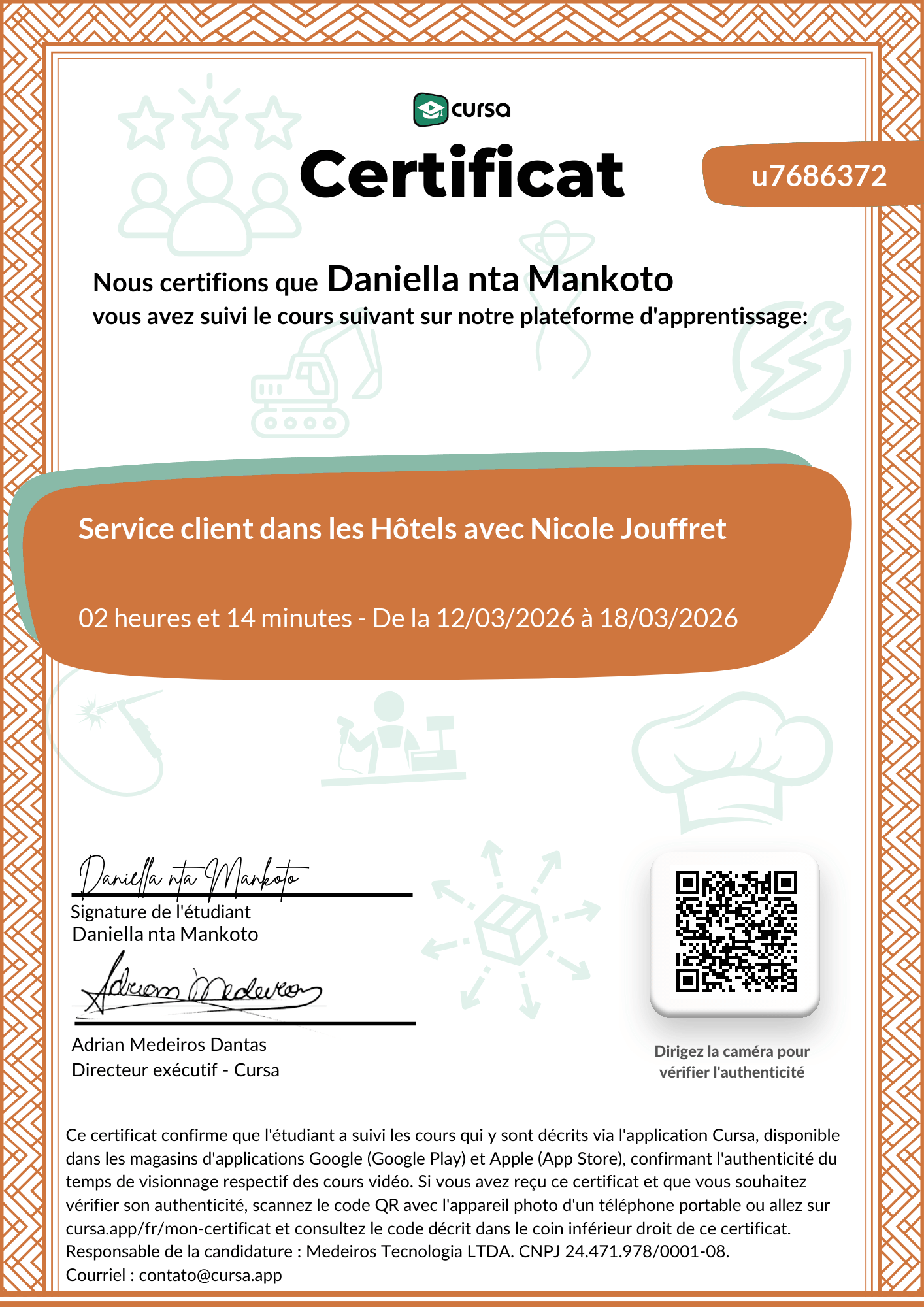 Image de mon certificat de fin de cours gratuit.