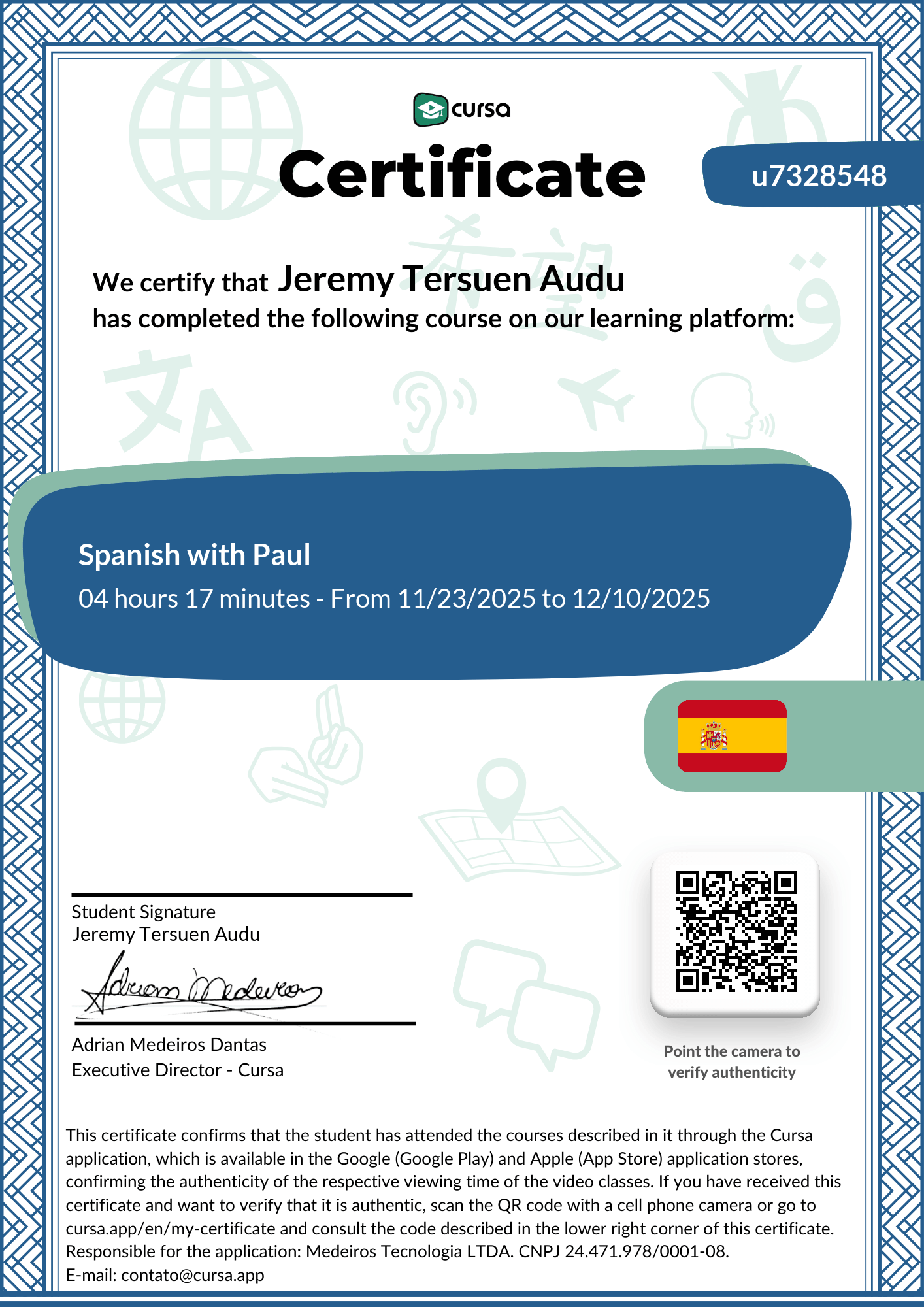 Image of my free Course Completion Certificate.