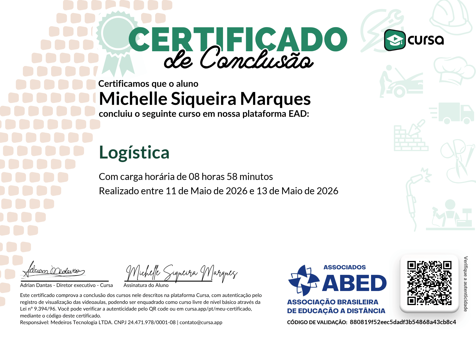 Imagem do meu Certificado gratuito de conclusão de curso.