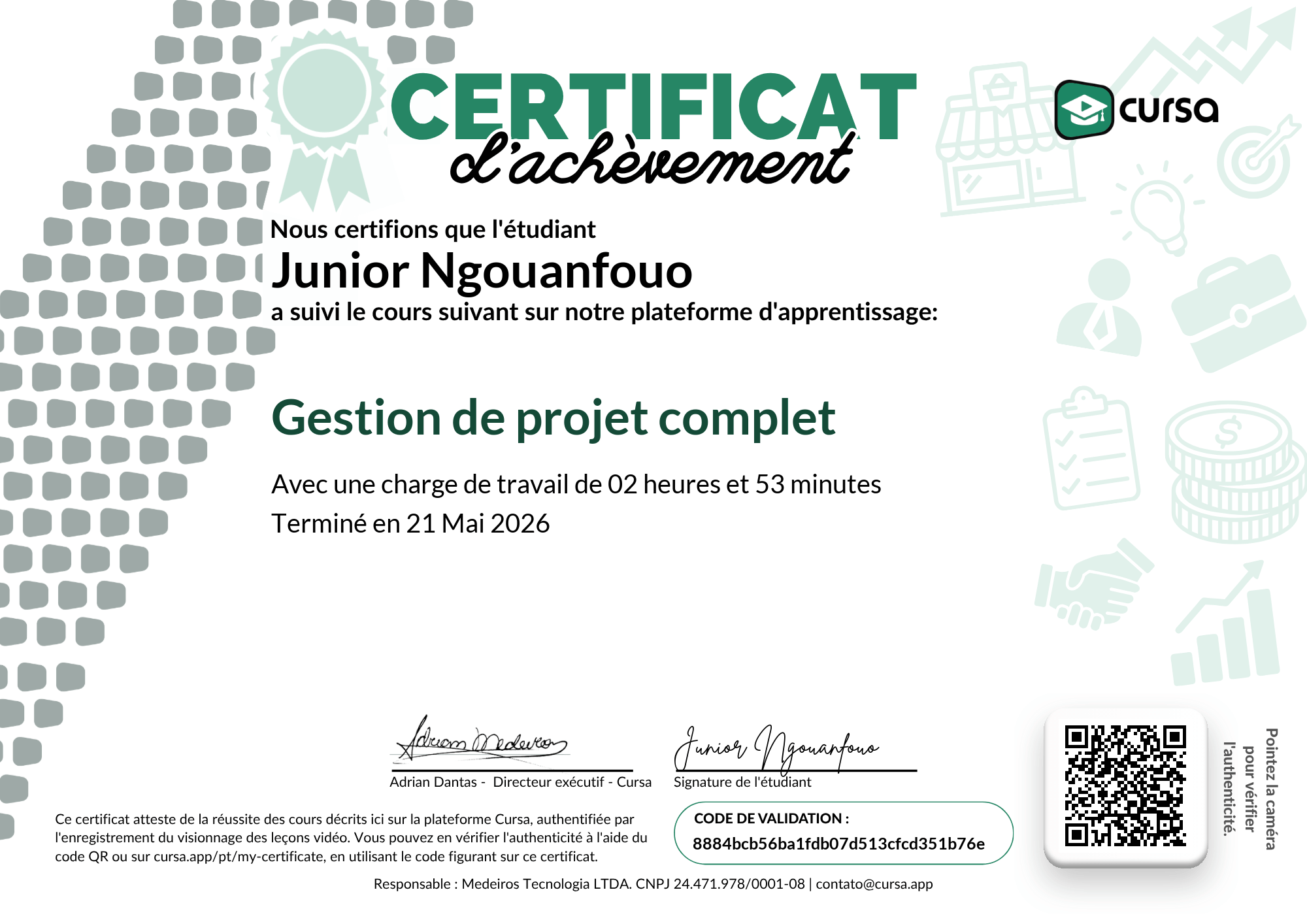 Image de mon certificat de fin de cours gratuit.