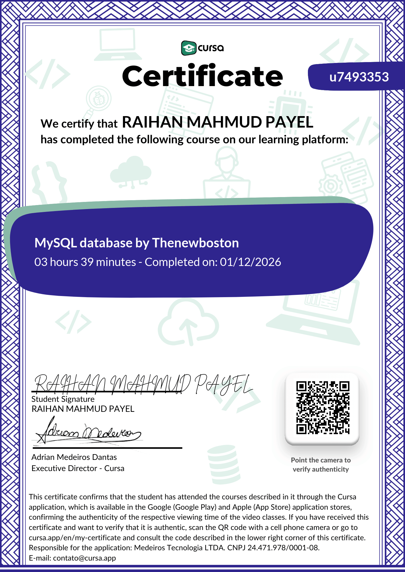 Image of my free Course Completion Certificate.
