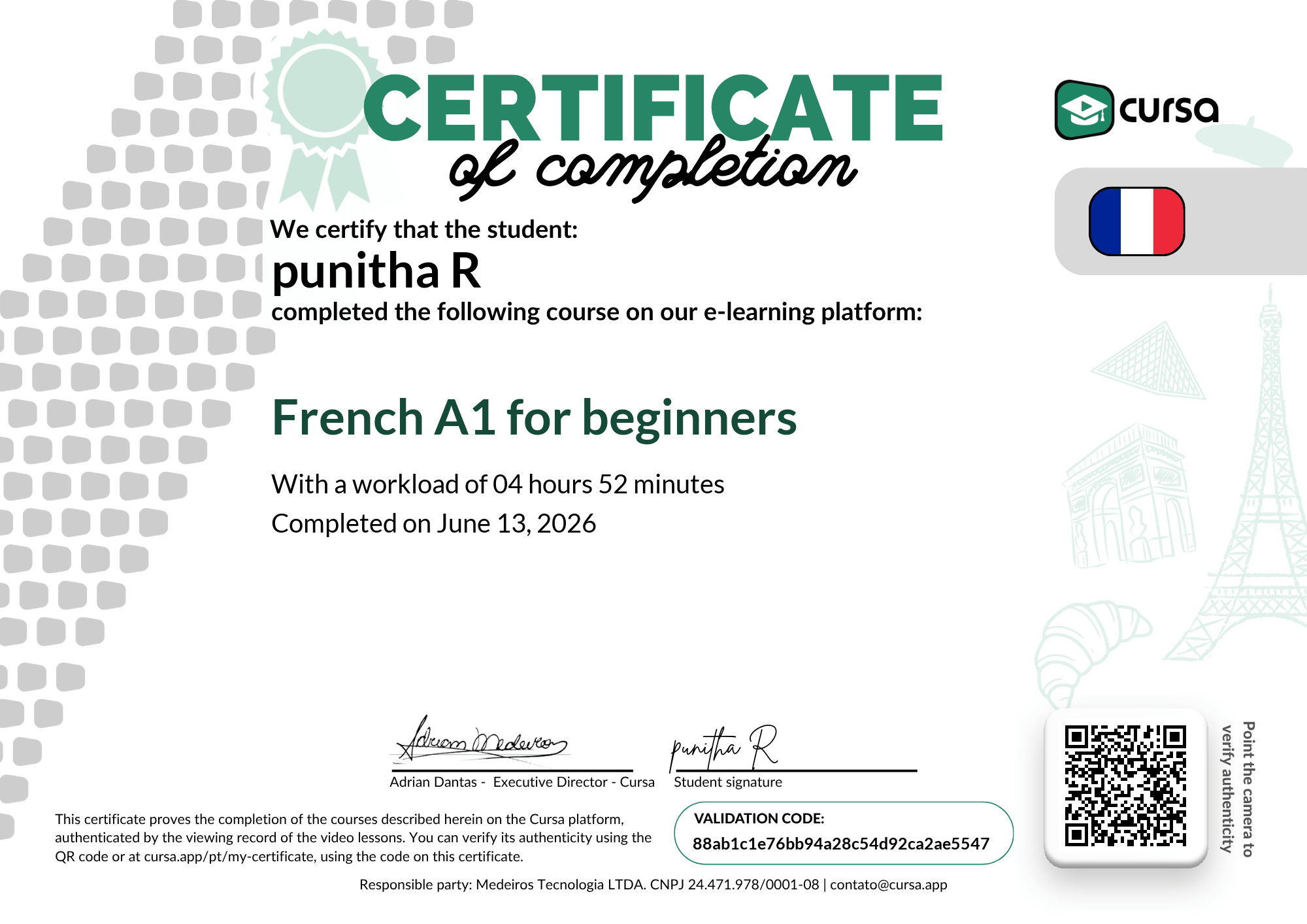 Image of my free Course Completion Certificate.