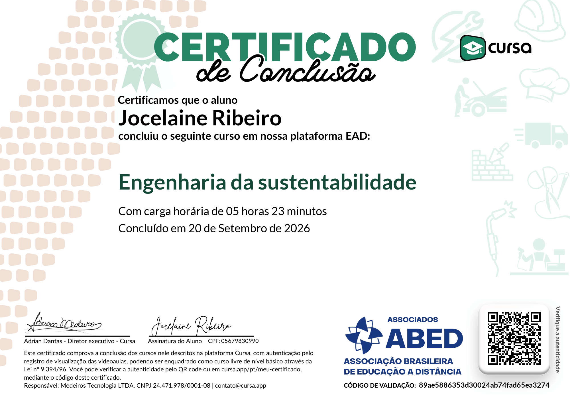 Imagem do meu Certificado gratuito de conclusão de curso.