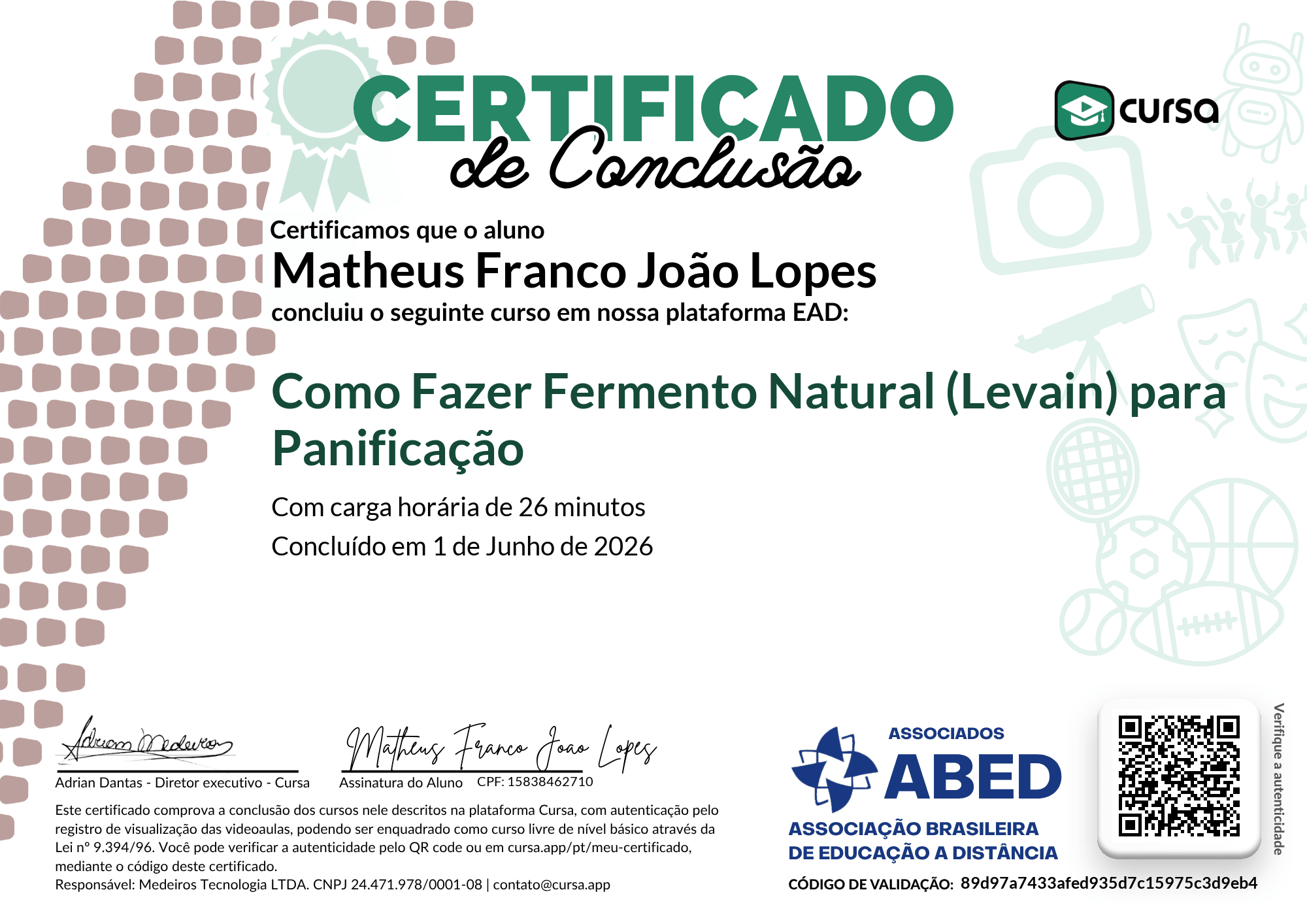 Imagem do meu Certificado gratuito de conclusão de curso.