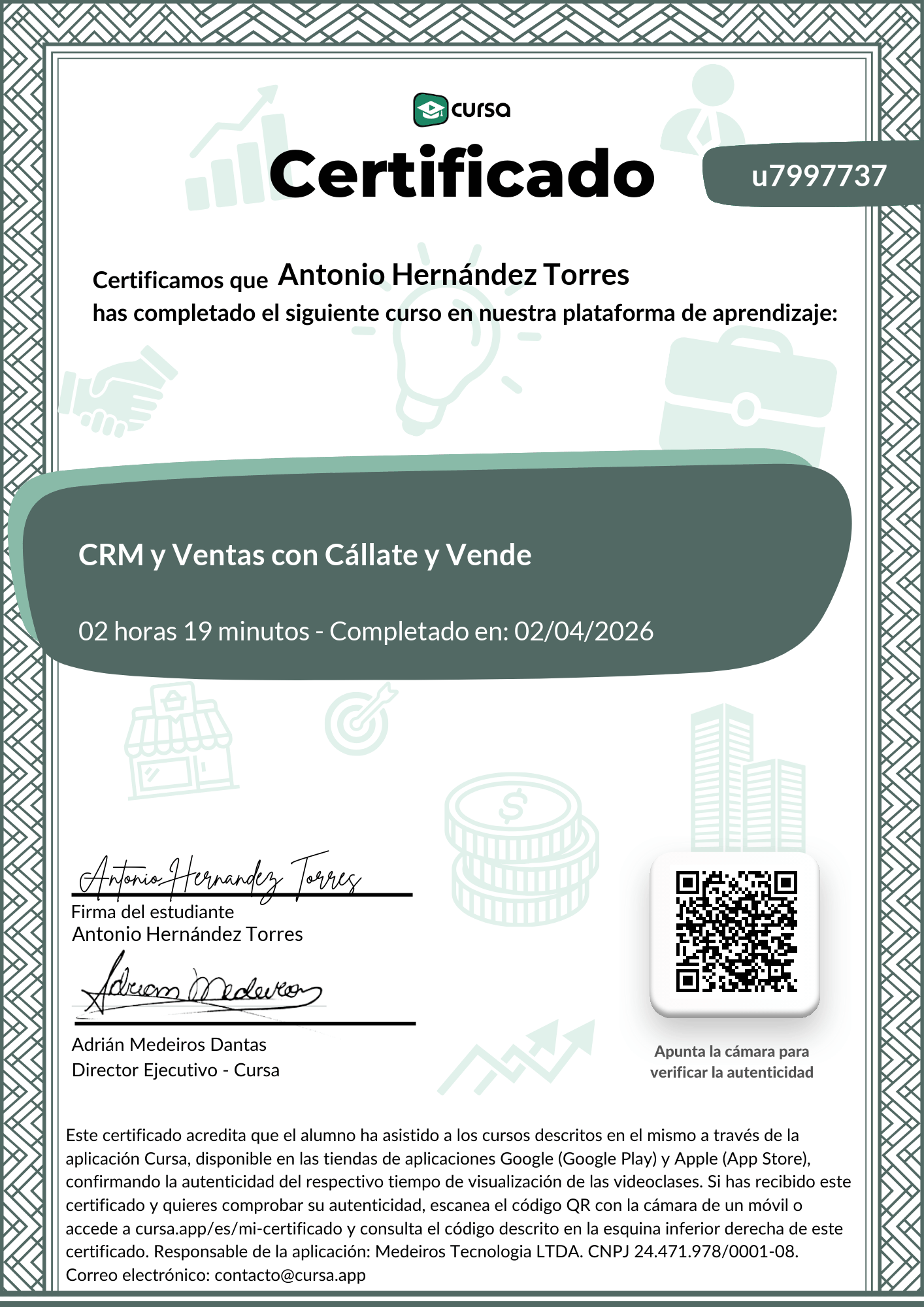 Imagen de mi Certificado de finalización del curso gratuito.