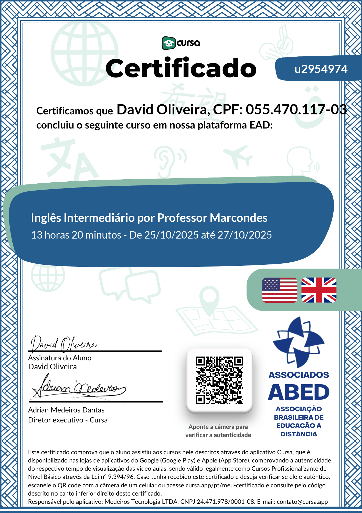 Imagem do meu Certificado gratuito de conclusão de curso.