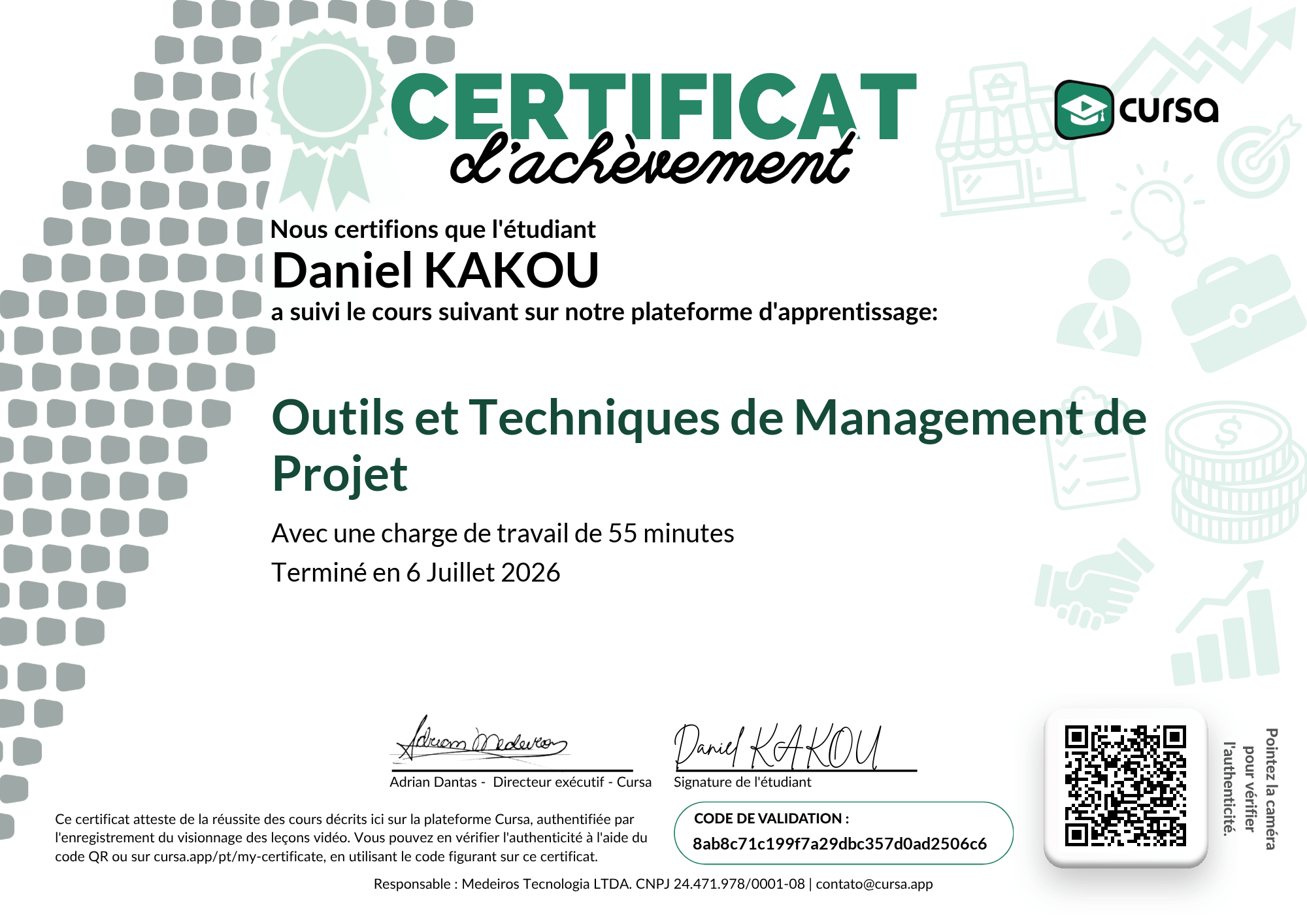 Image de mon certificat de fin de cours gratuit.