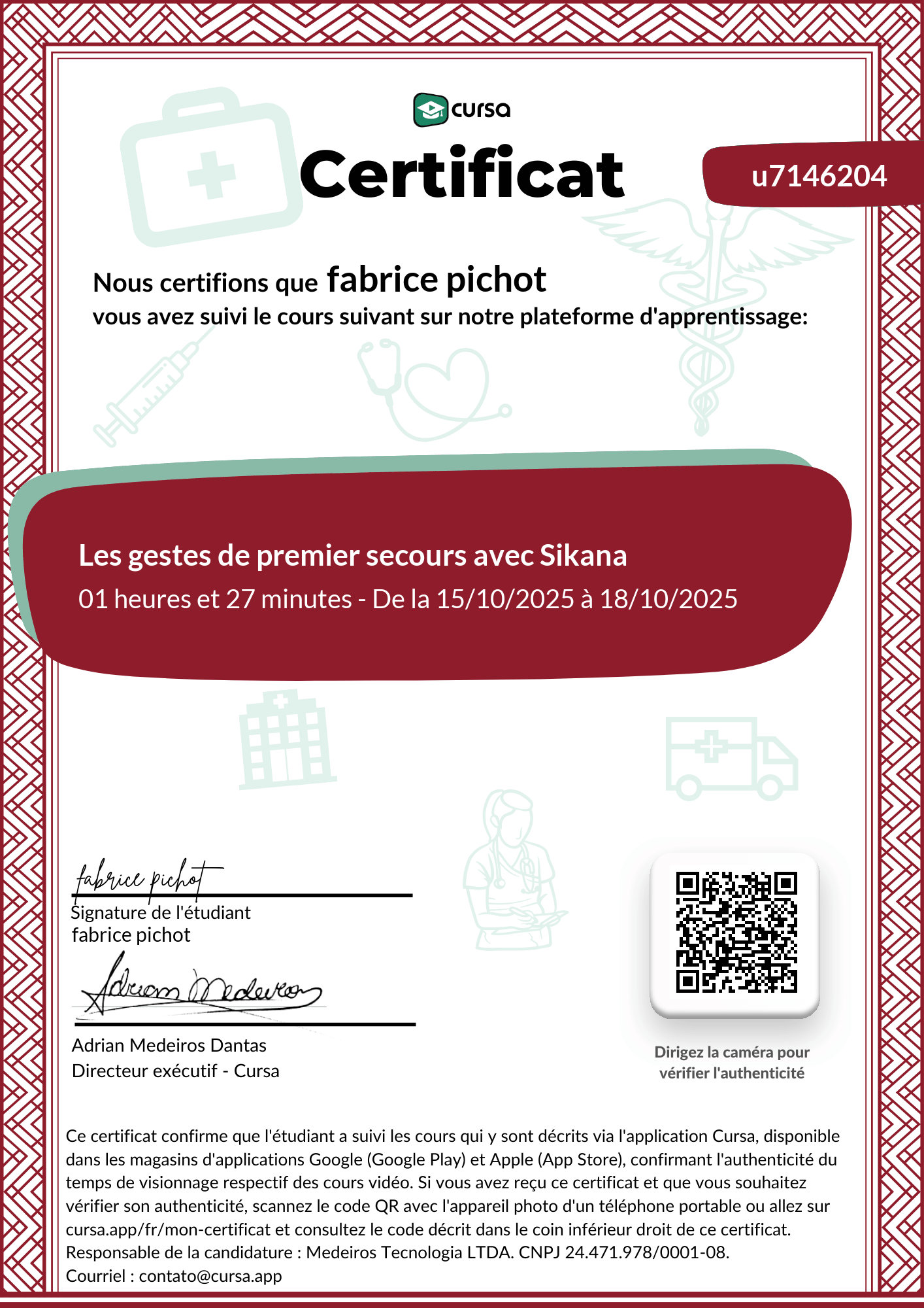 Image de mon certificat de fin de cours gratuit.