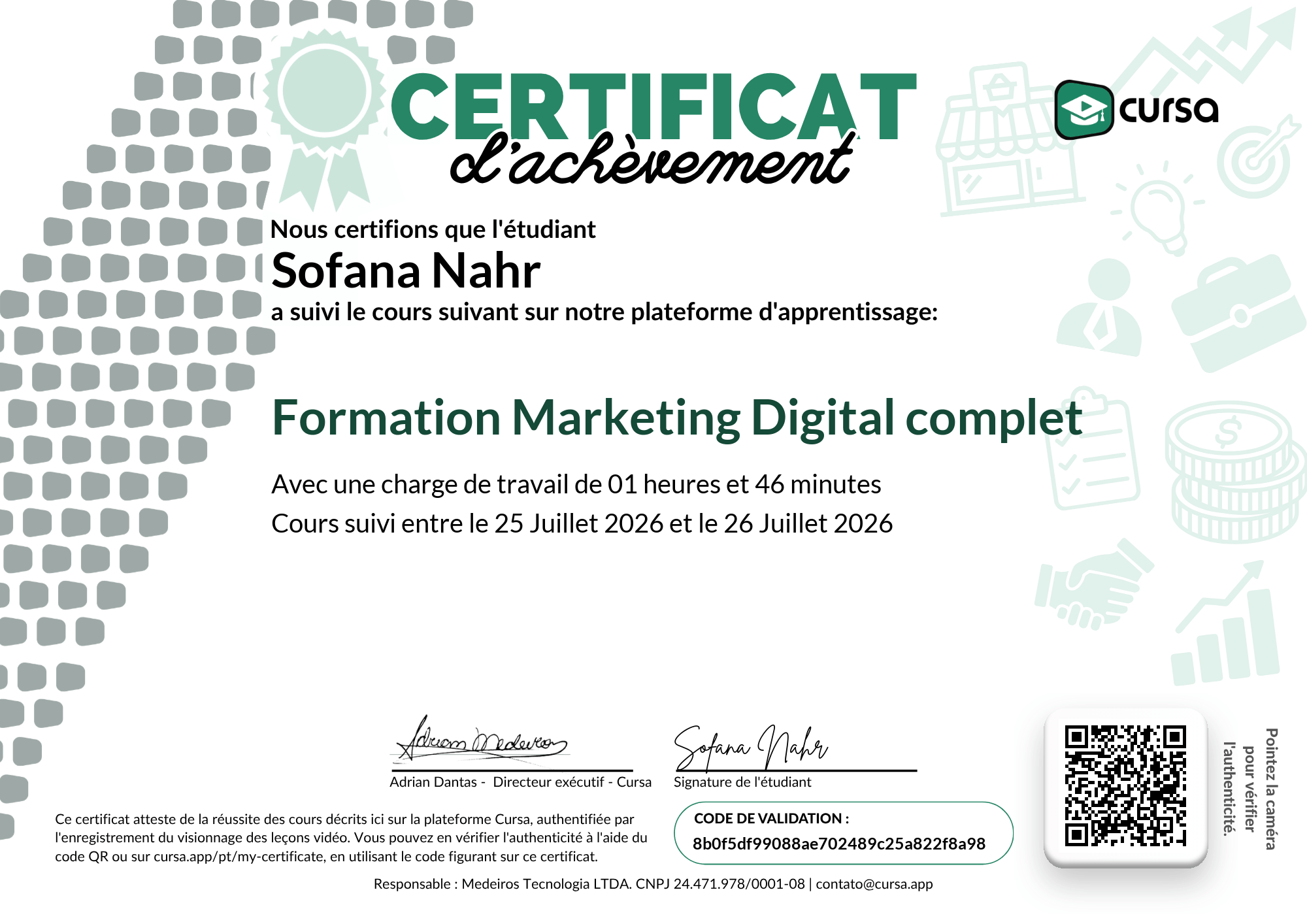 Image de mon certificat de fin de cours gratuit.