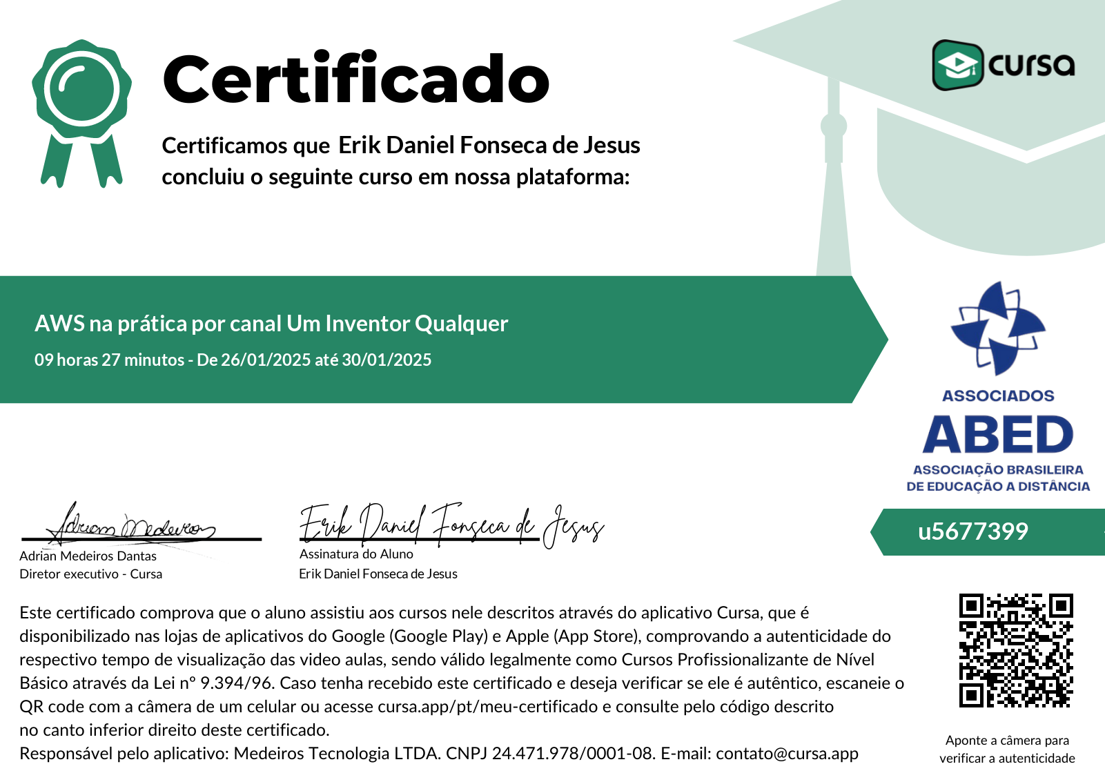 Imagem do meu Certificado gratuito de conclusão de curso.