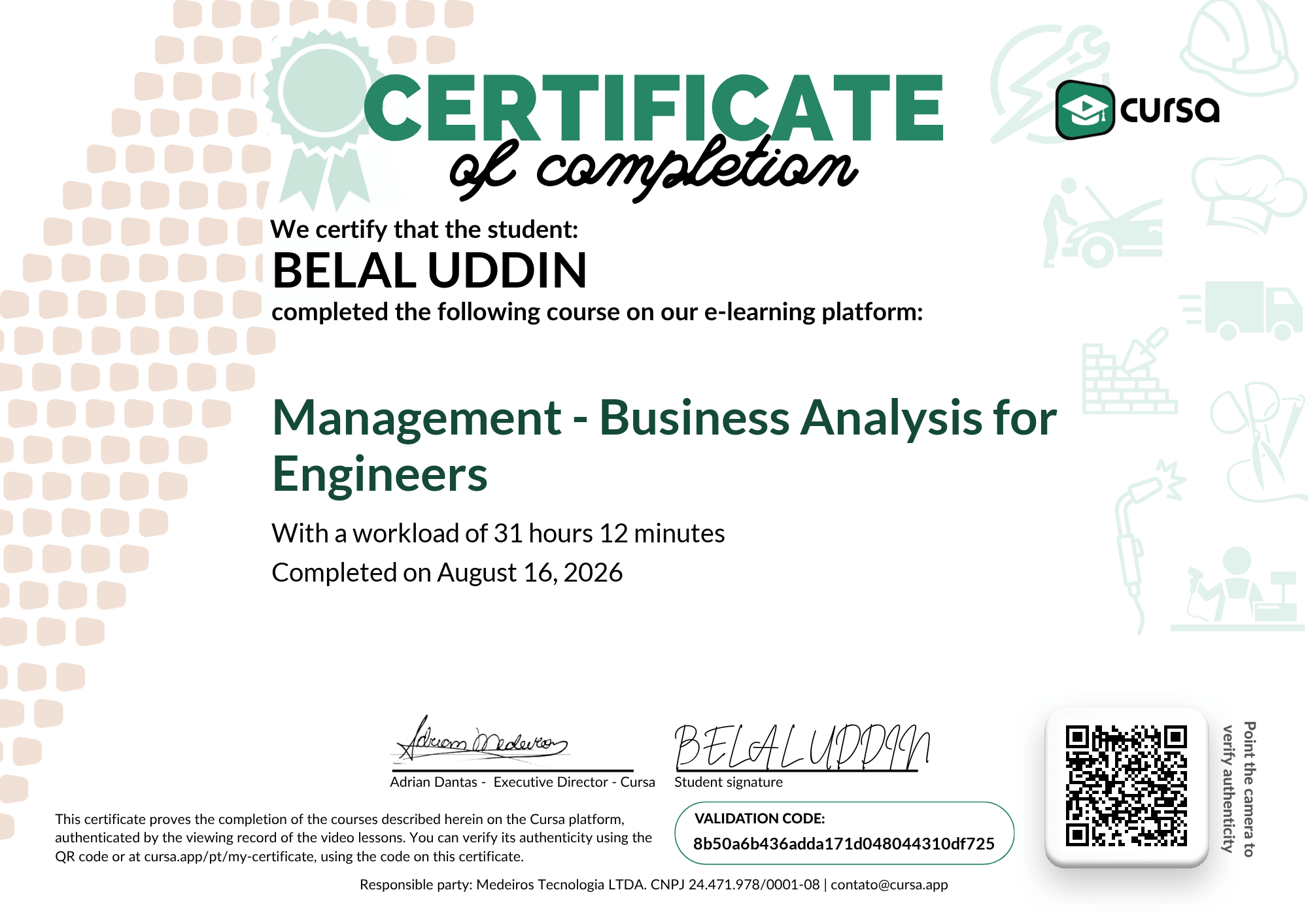 Image of my free Course Completion Certificate.