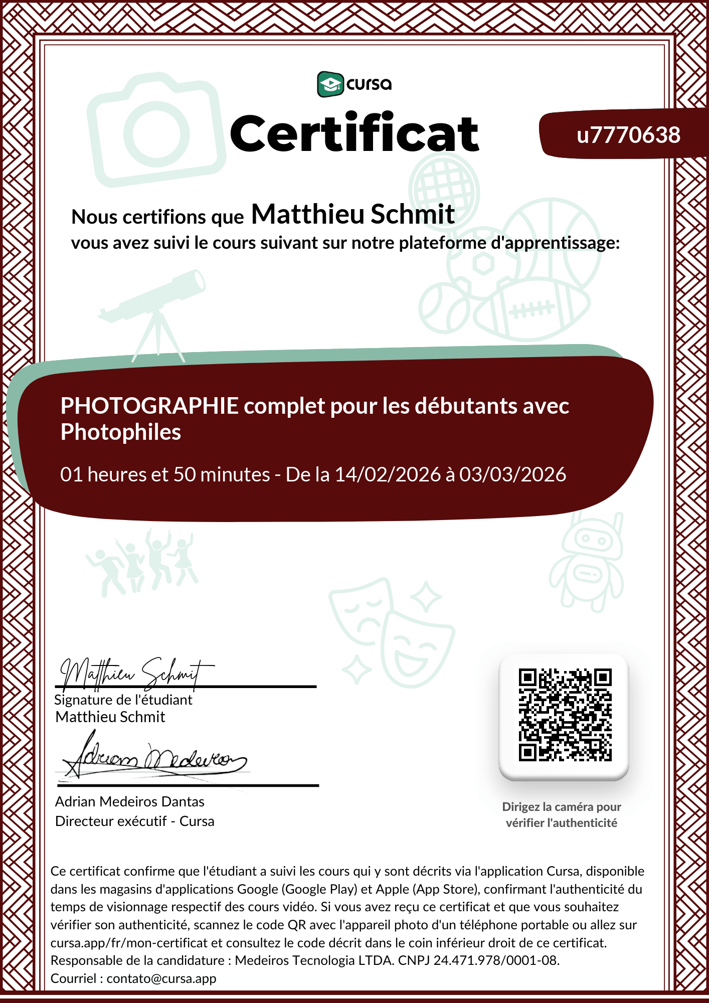 Image de mon certificat de fin de cours gratuit.