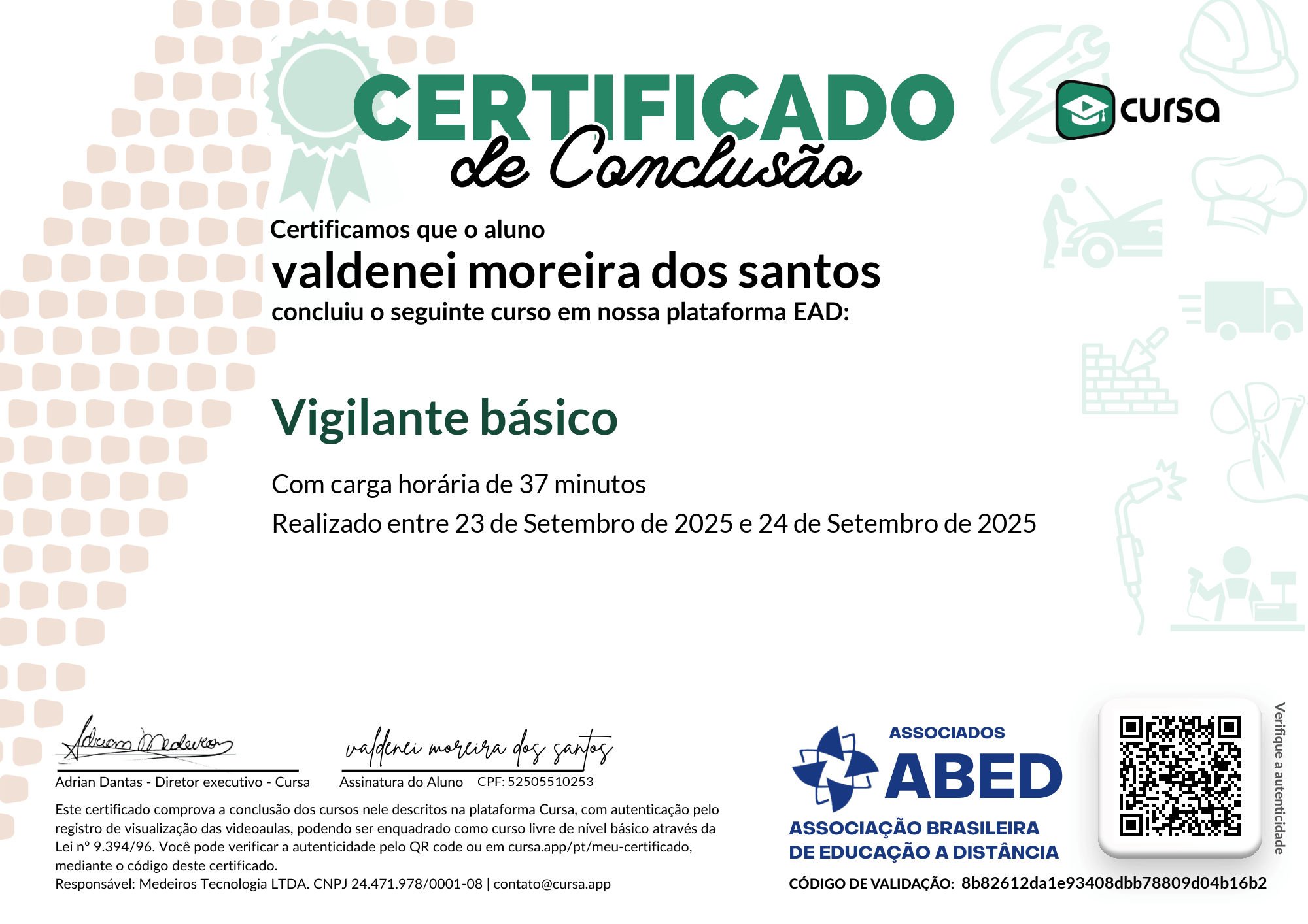 Imagem do meu Certificado gratuito de conclusão de curso.