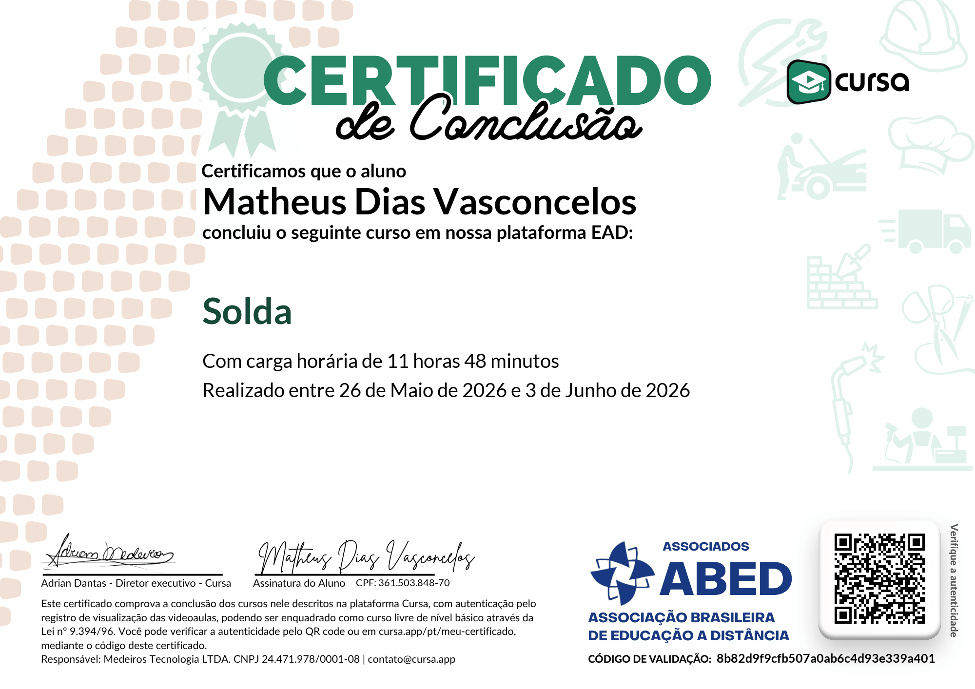 Imagem do meu Certificado gratuito de conclusão de curso.
