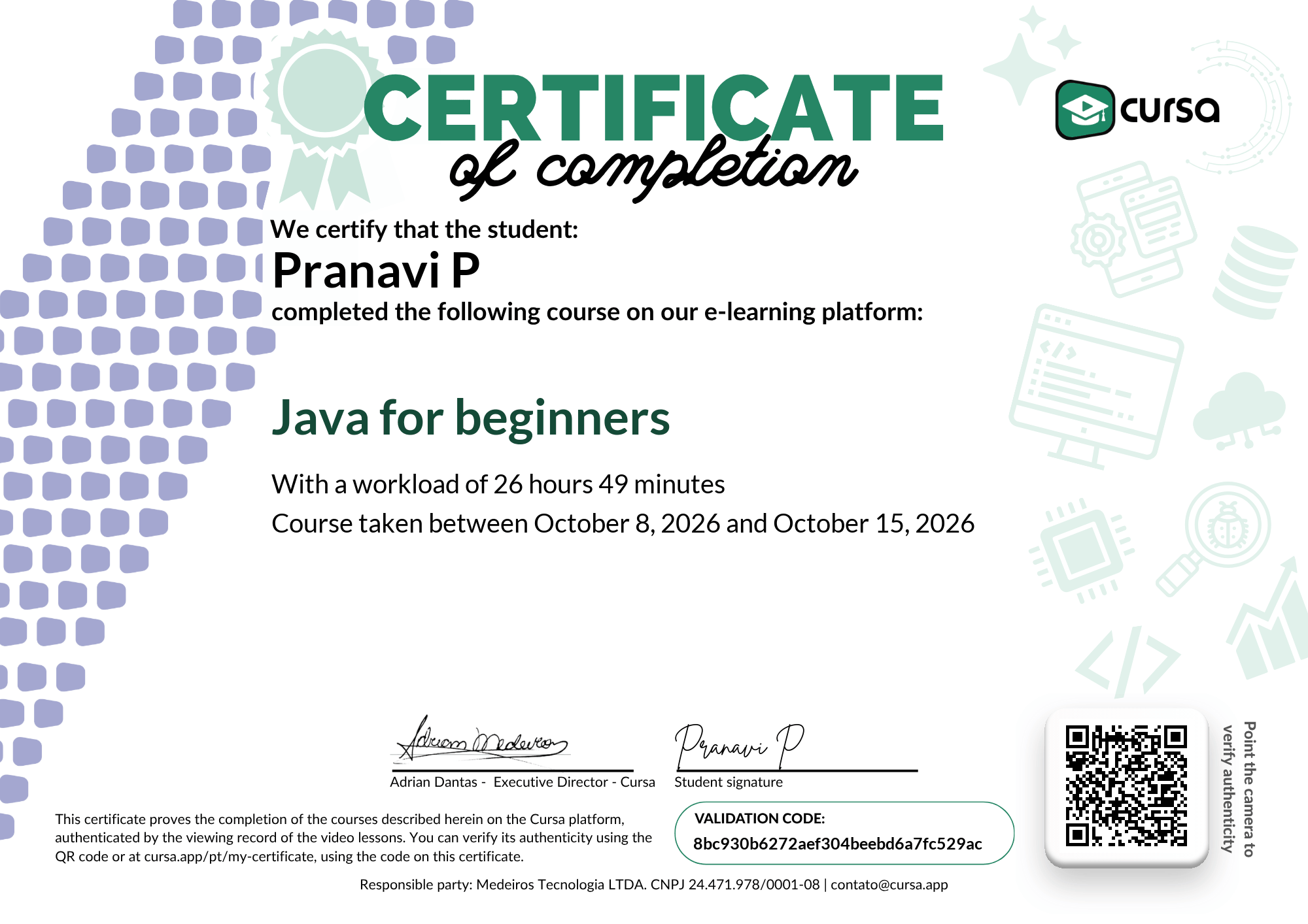 Image of my free Course Completion Certificate.