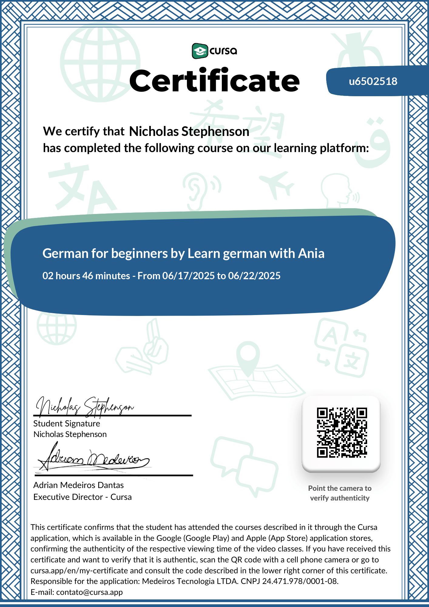 Image of my free Course Completion Certificate.