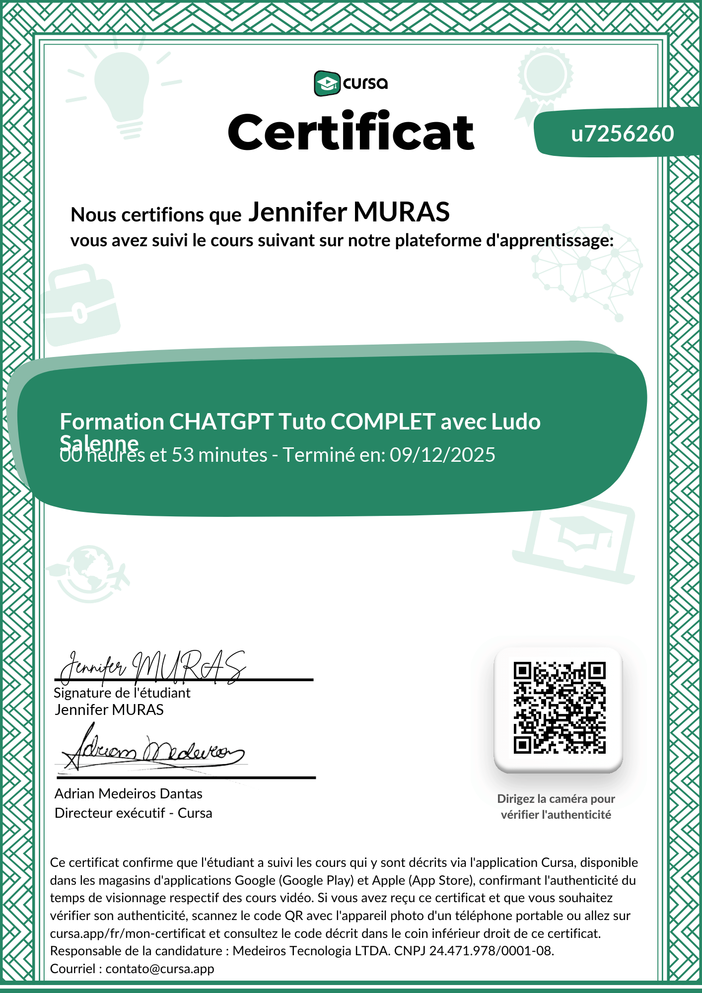 Image de mon certificat de fin de cours gratuit.