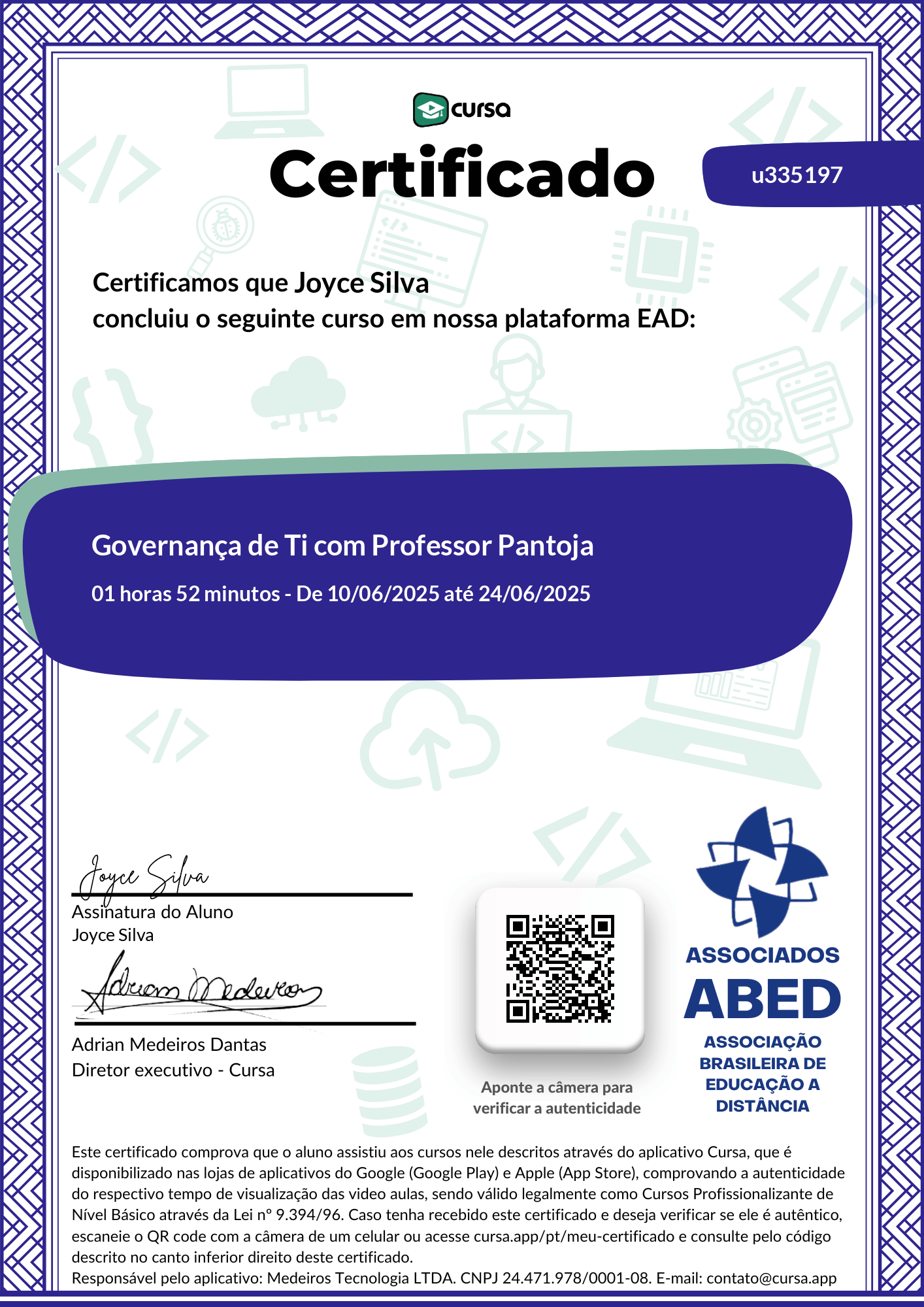 Imagem do meu Certificado gratuito de conclusão de curso.
