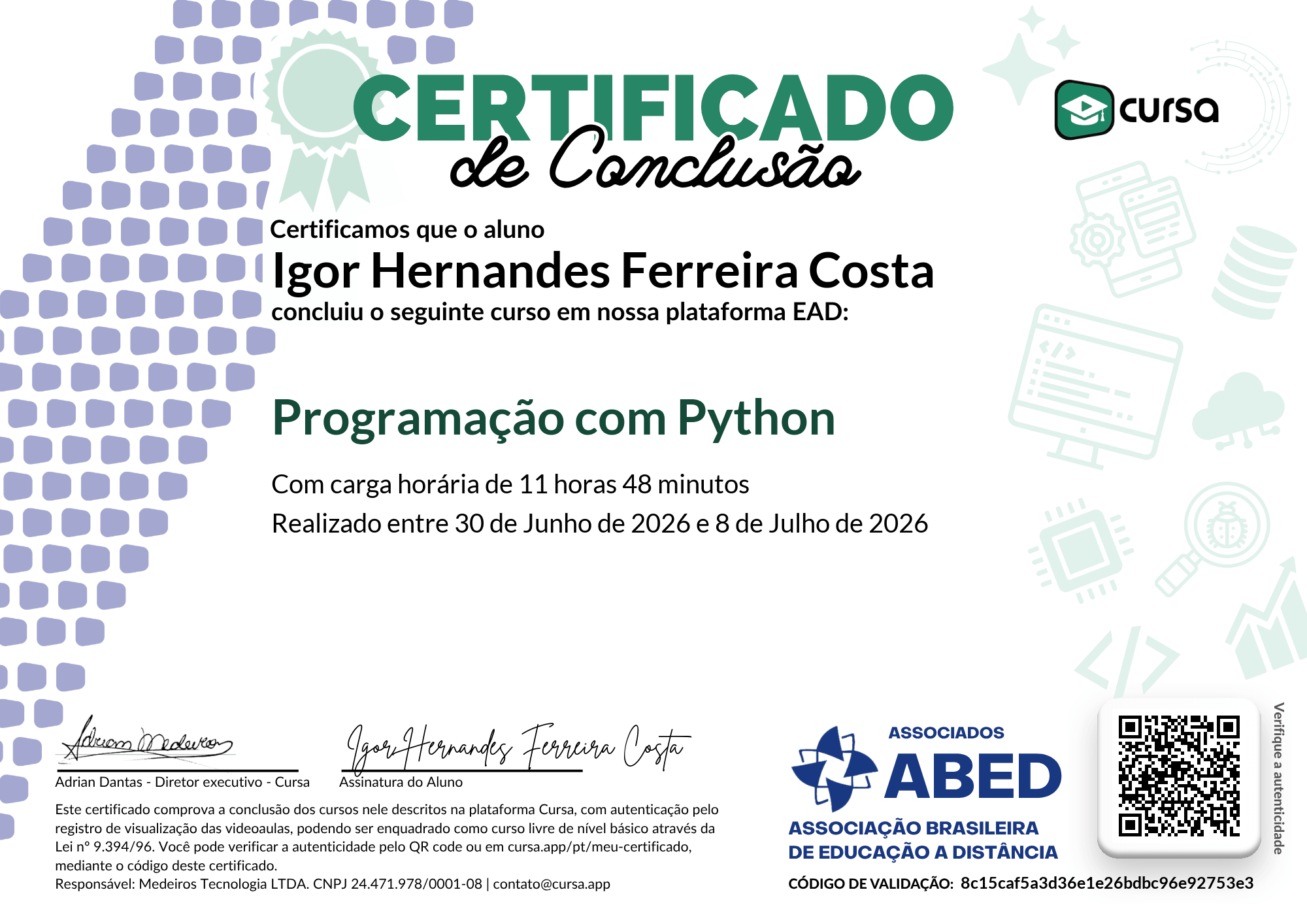Imagem do meu Certificado gratuito de conclusão de curso.