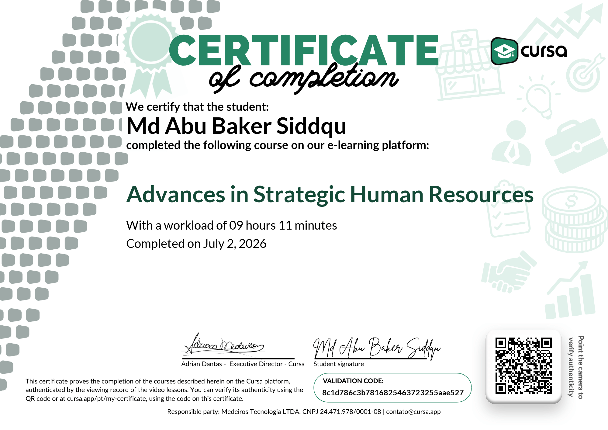 Image of my free Course Completion Certificate.