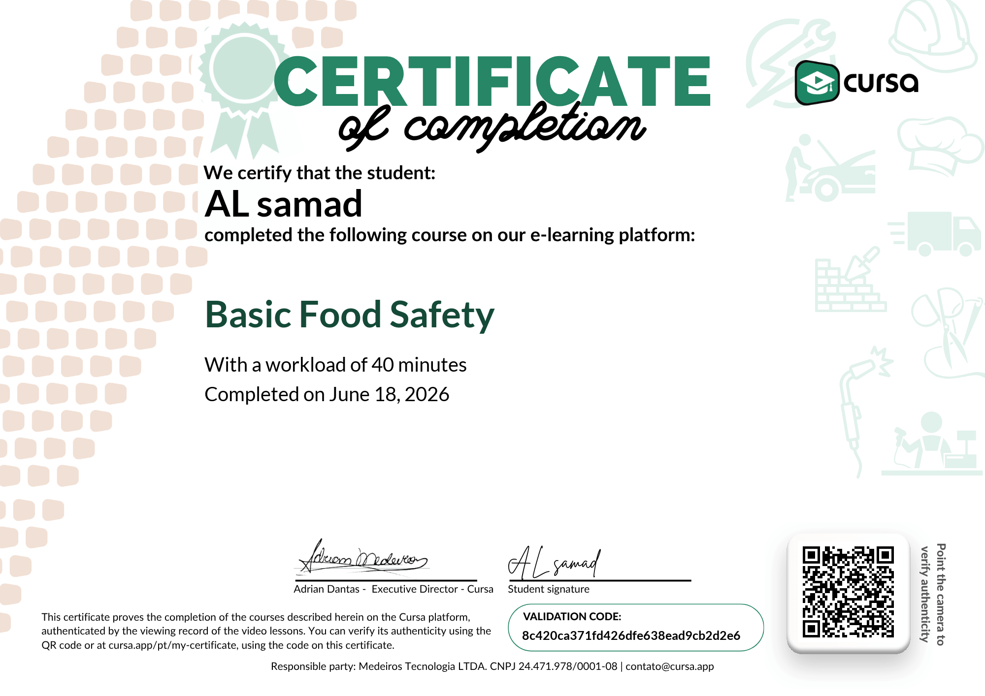 Image of my free Course Completion Certificate.