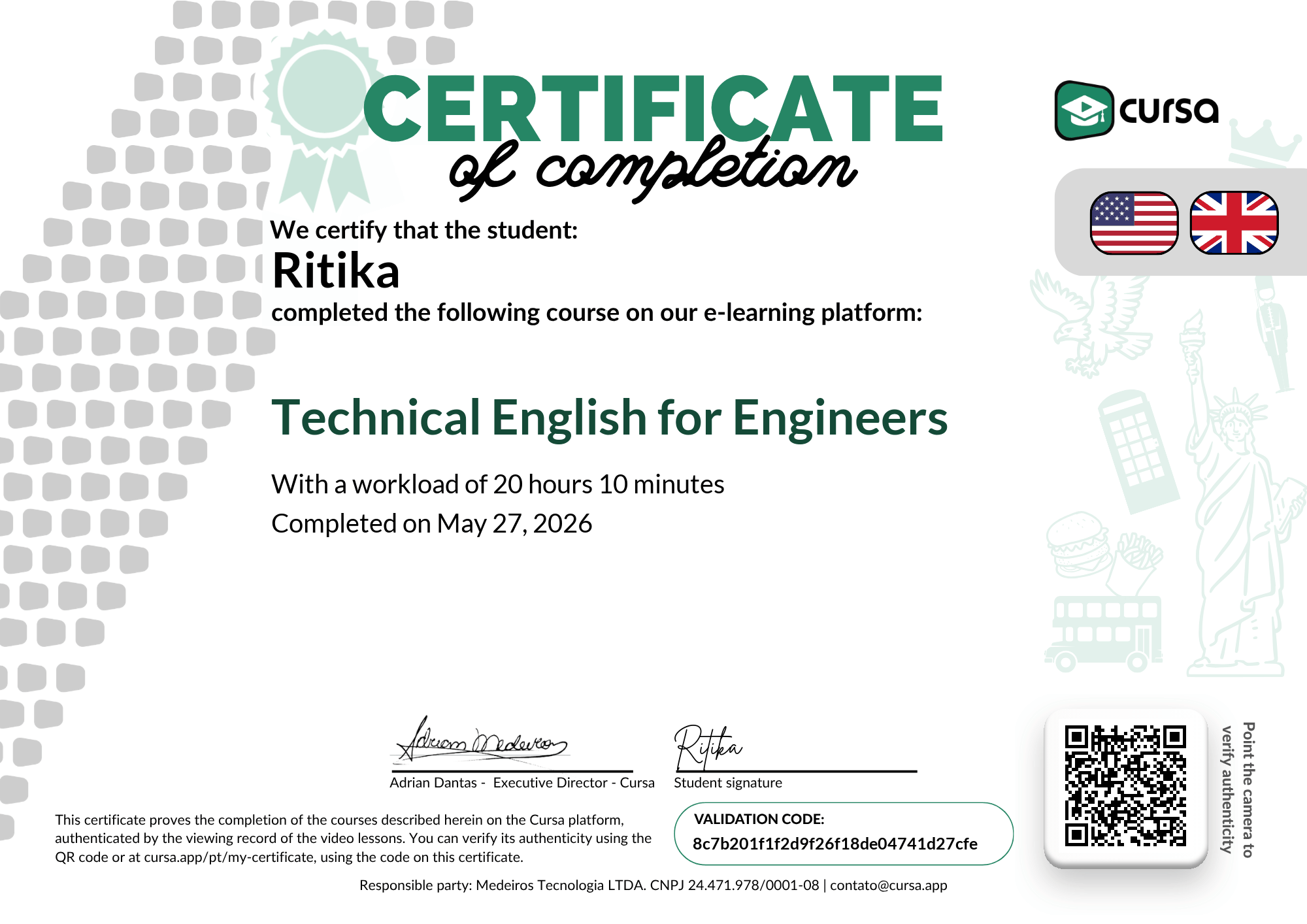 Image of my free Course Completion Certificate.