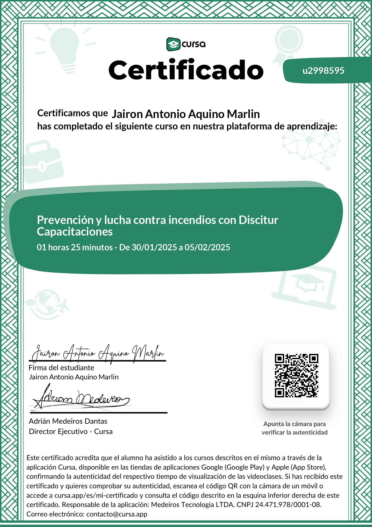 Imagen de mi Certificado de finalización del curso gratuito.