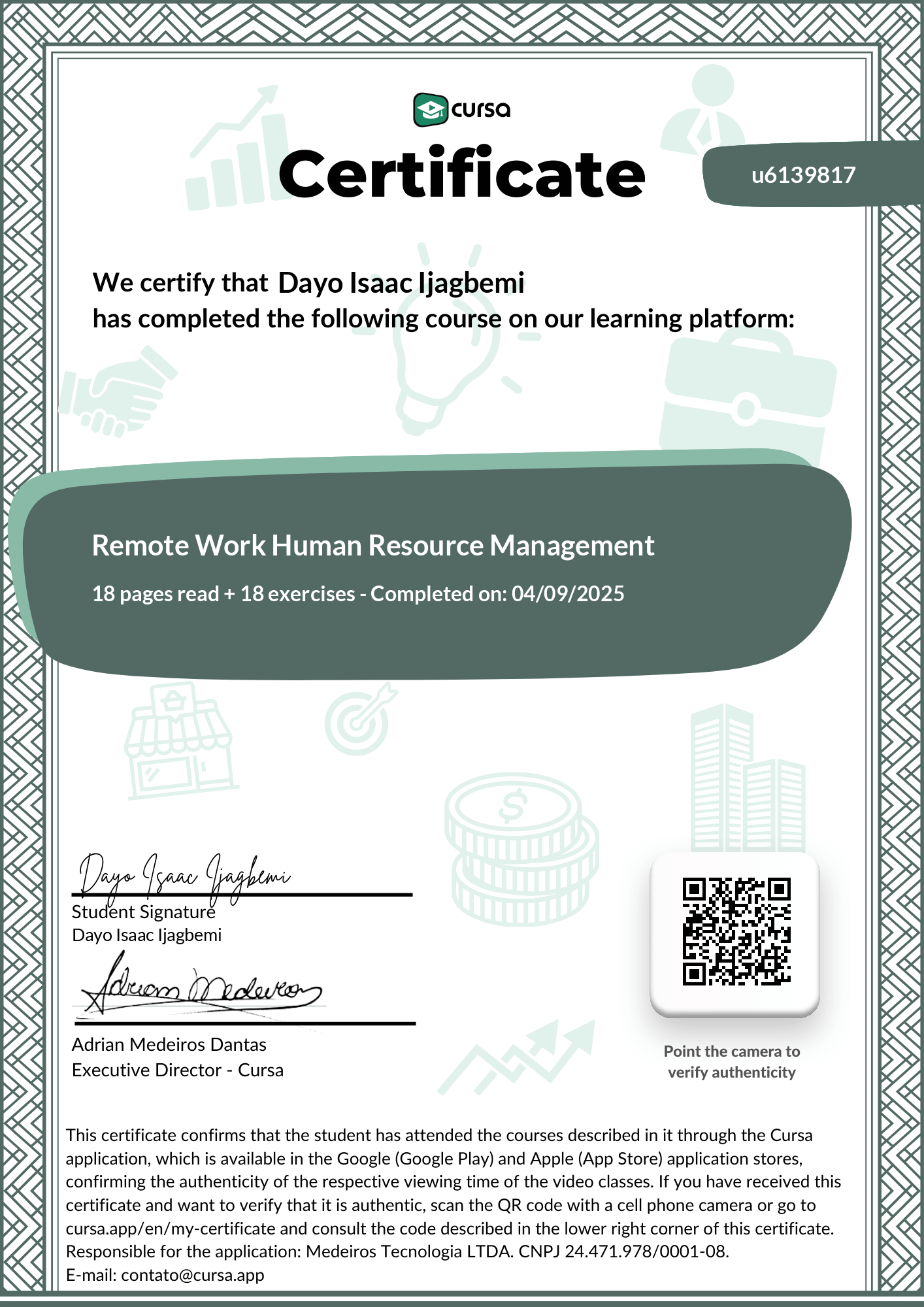 Image of my free Course Completion Certificate.