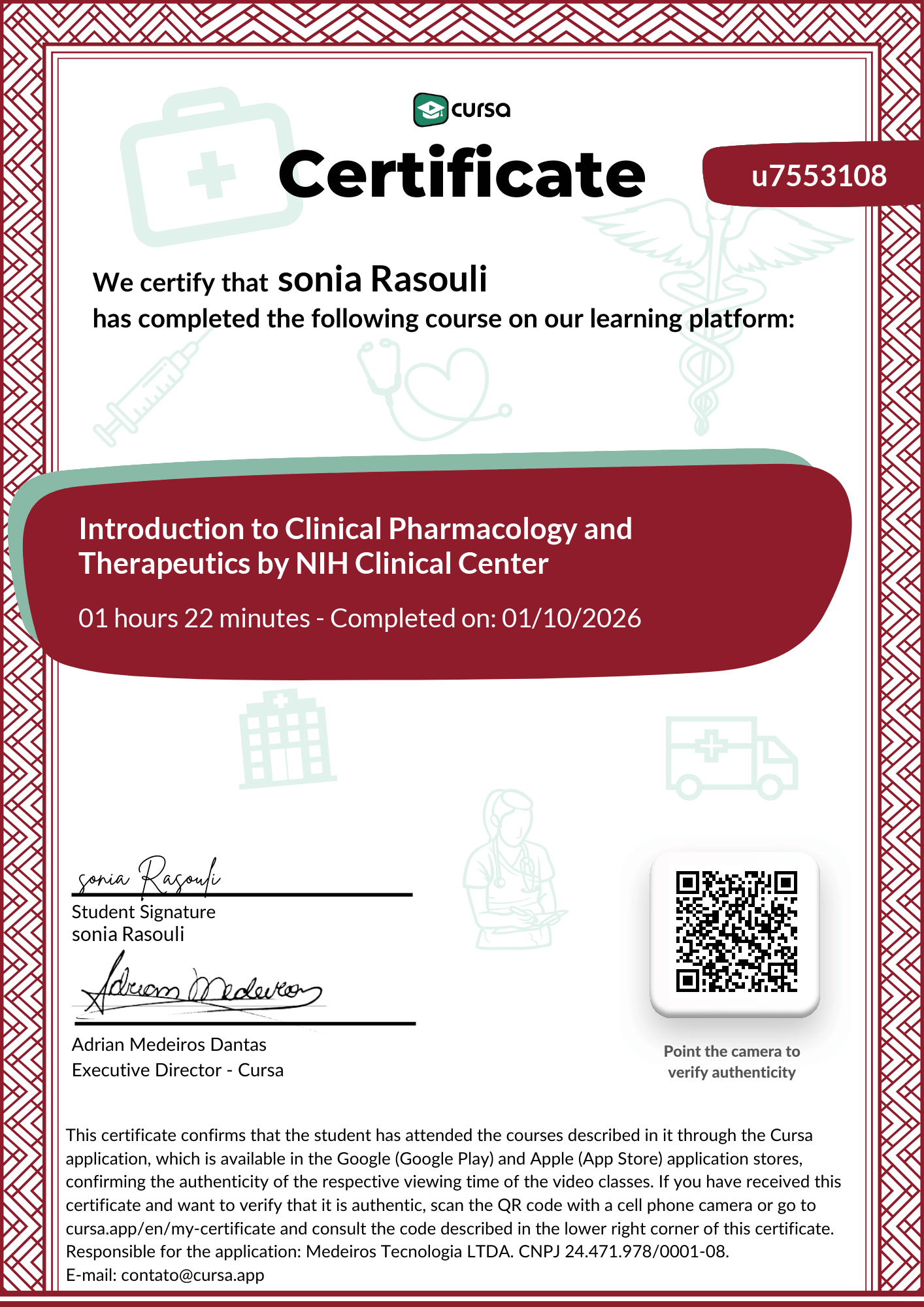 Image of my free Course Completion Certificate.