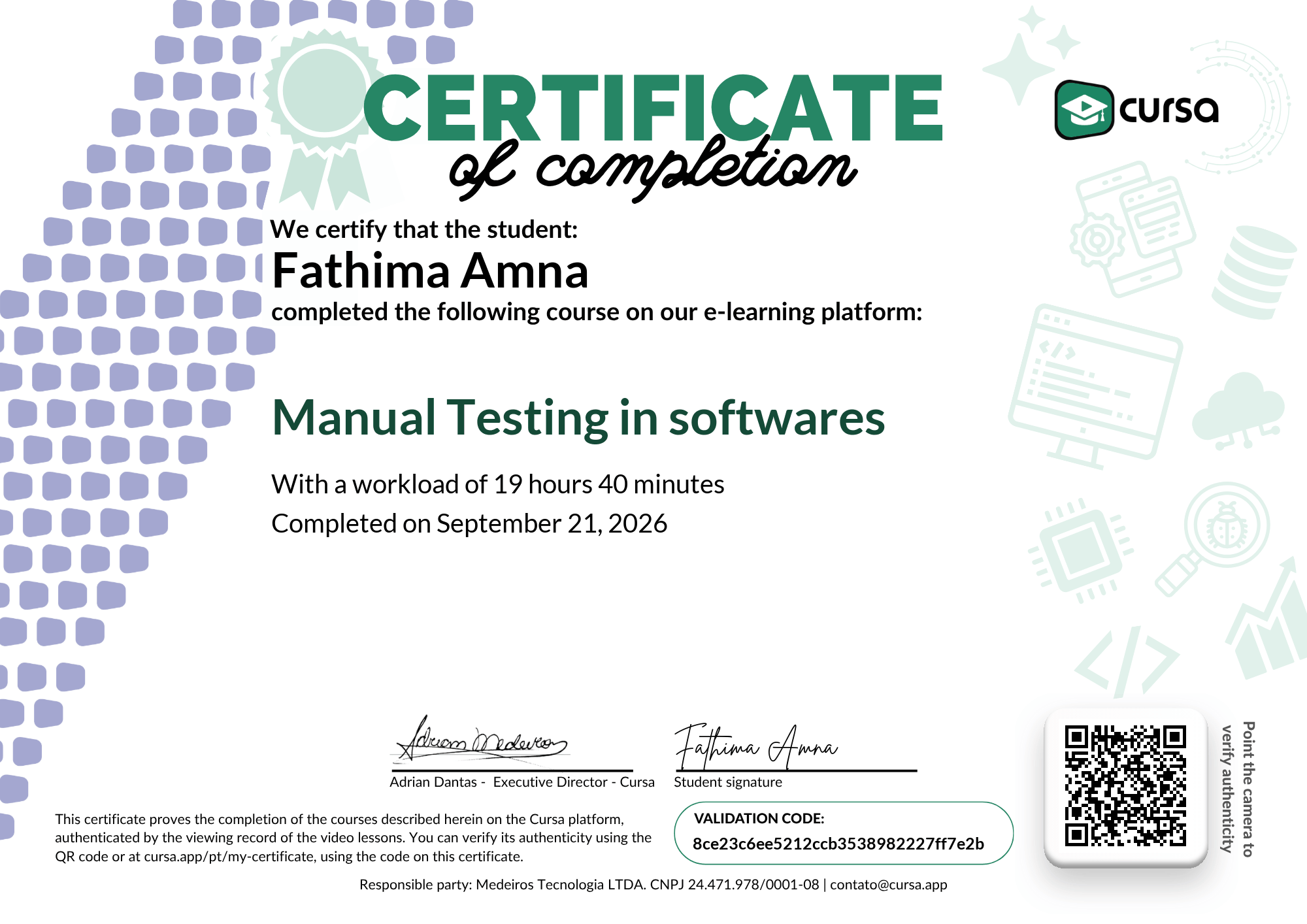 Image of my free Course Completion Certificate.
