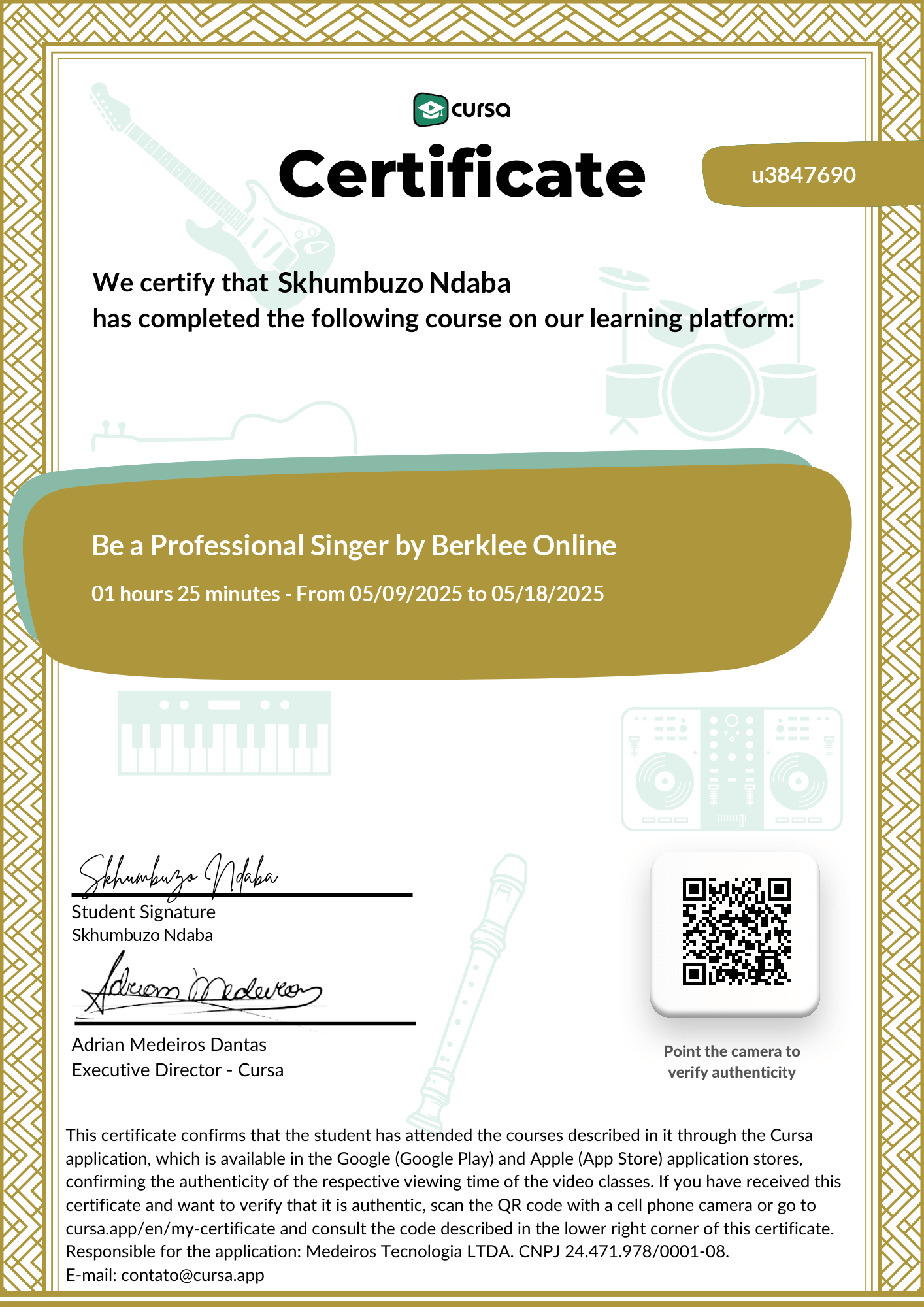 Image of my free Course Completion Certificate.