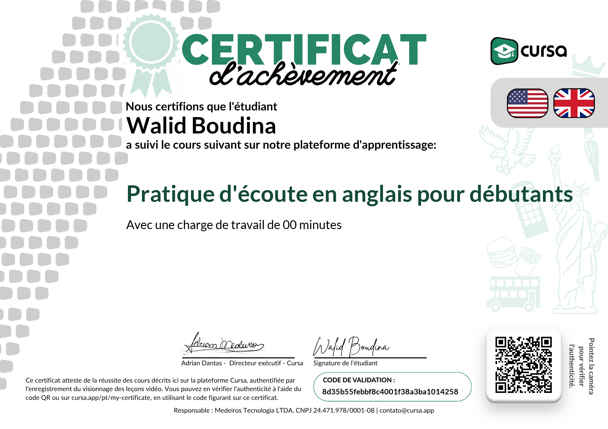 Image de mon certificat de fin de cours gratuit.
