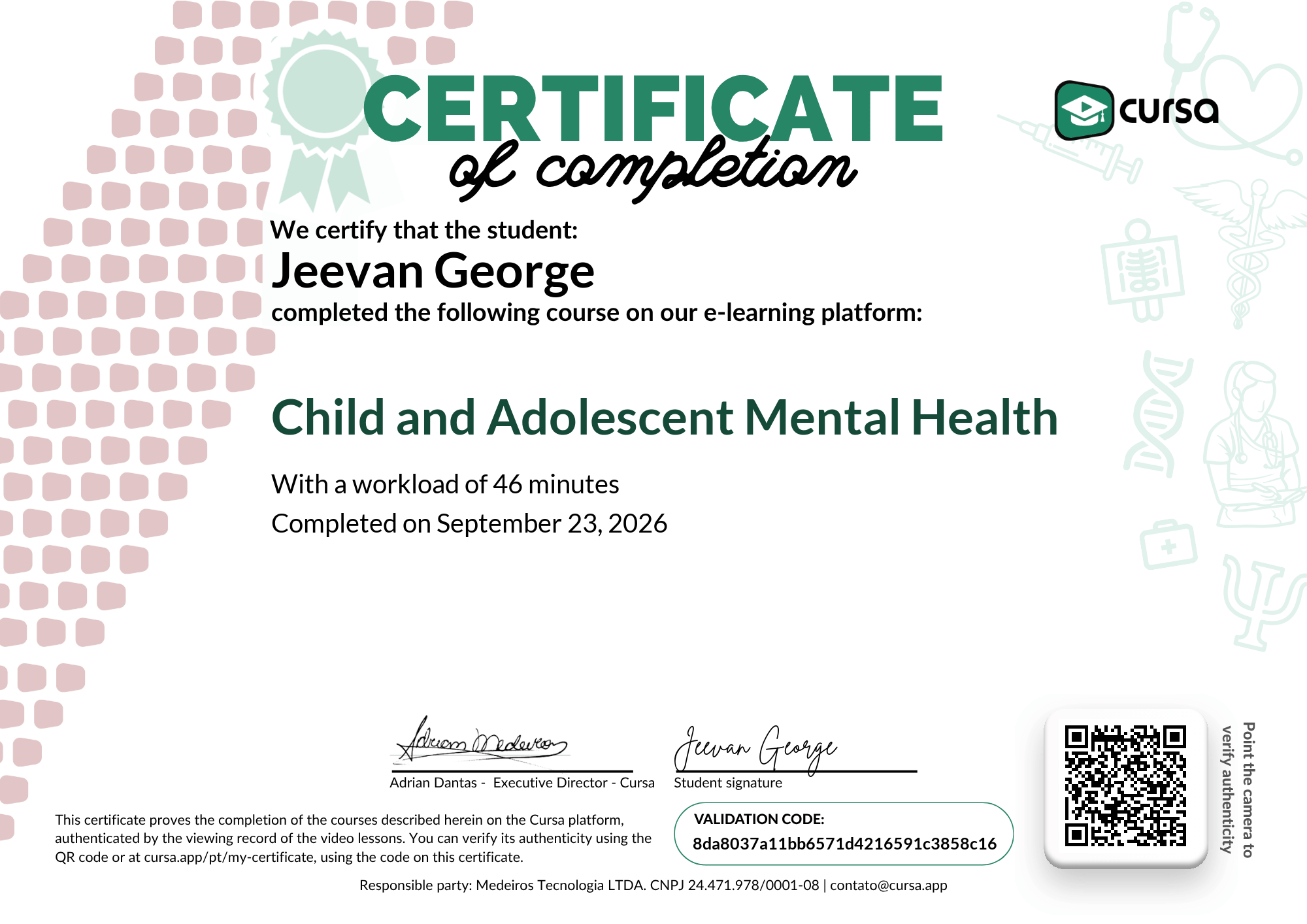 Image of my free Course Completion Certificate.
